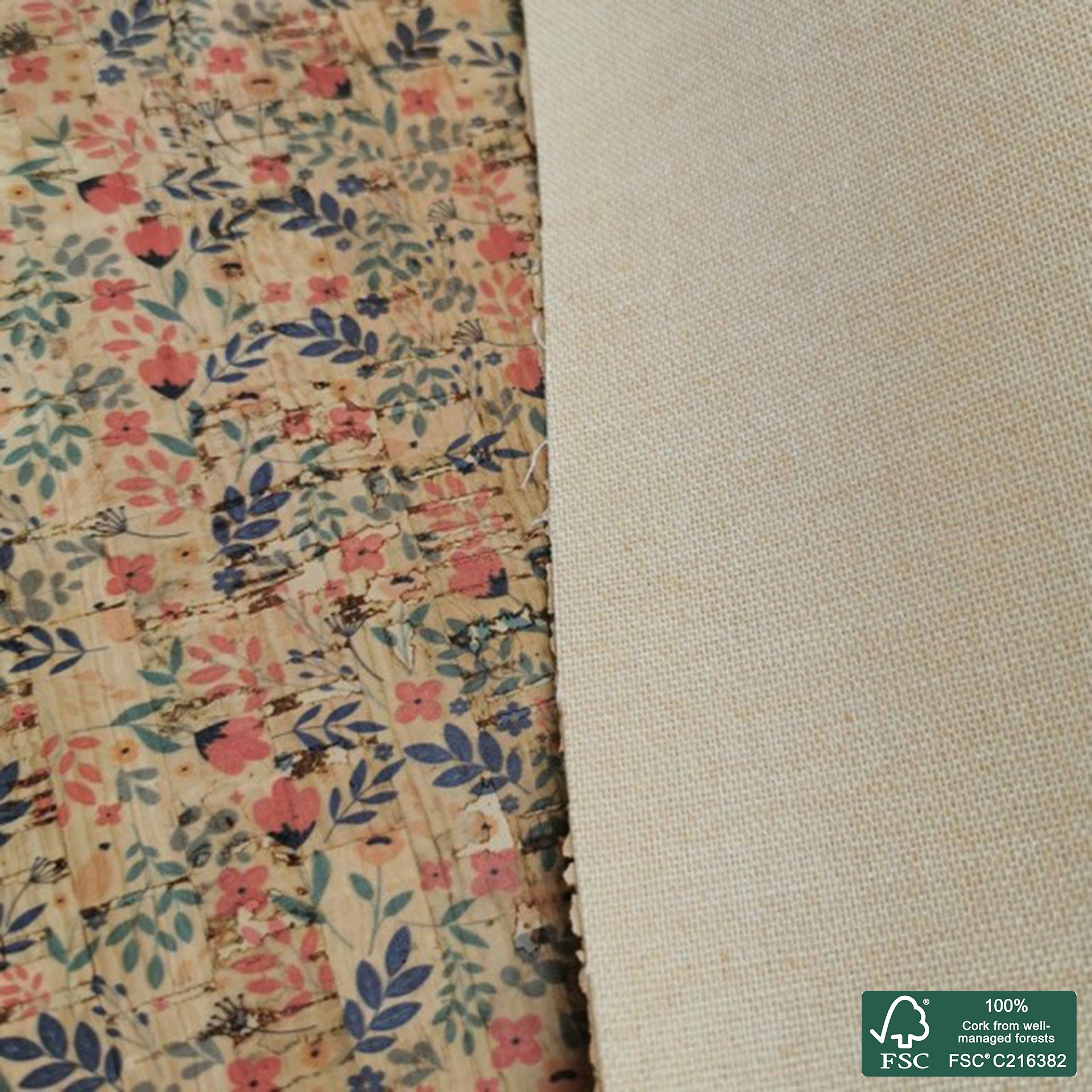 Leaves printed pattern on natural cork fabric (302)