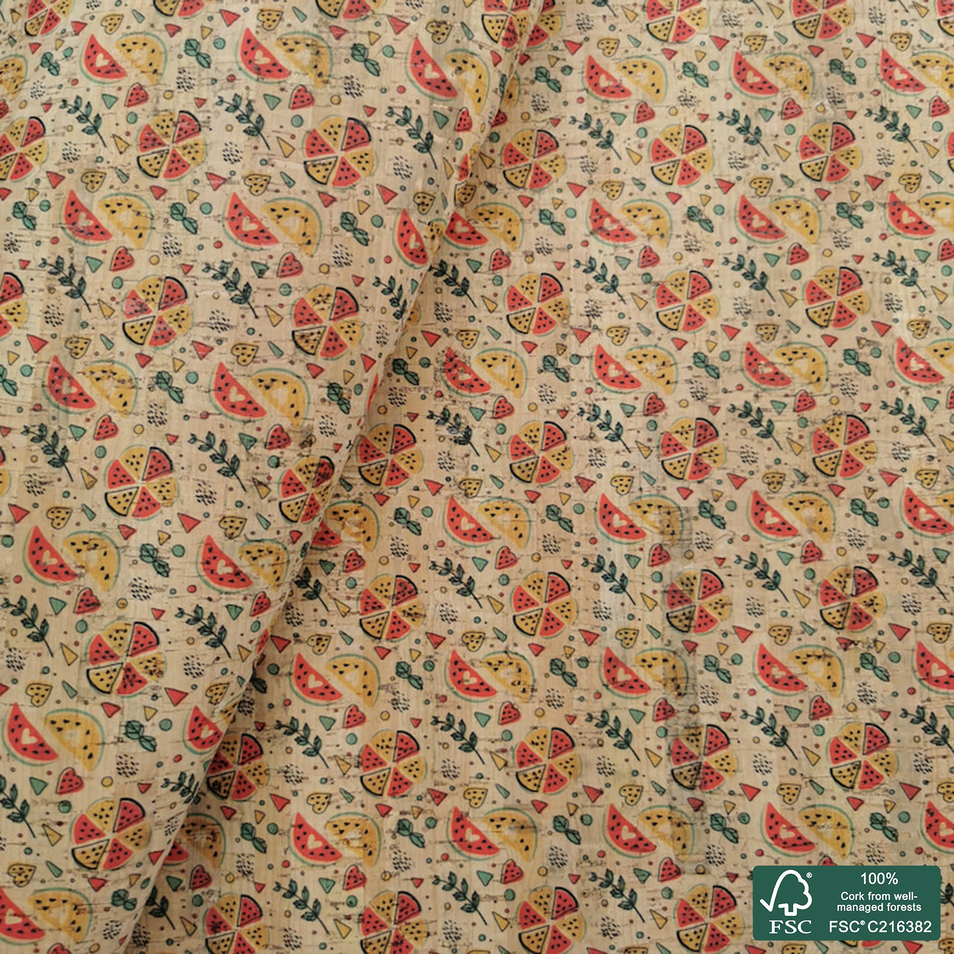 Watermelon printed pattern on natural cork fabric (306)