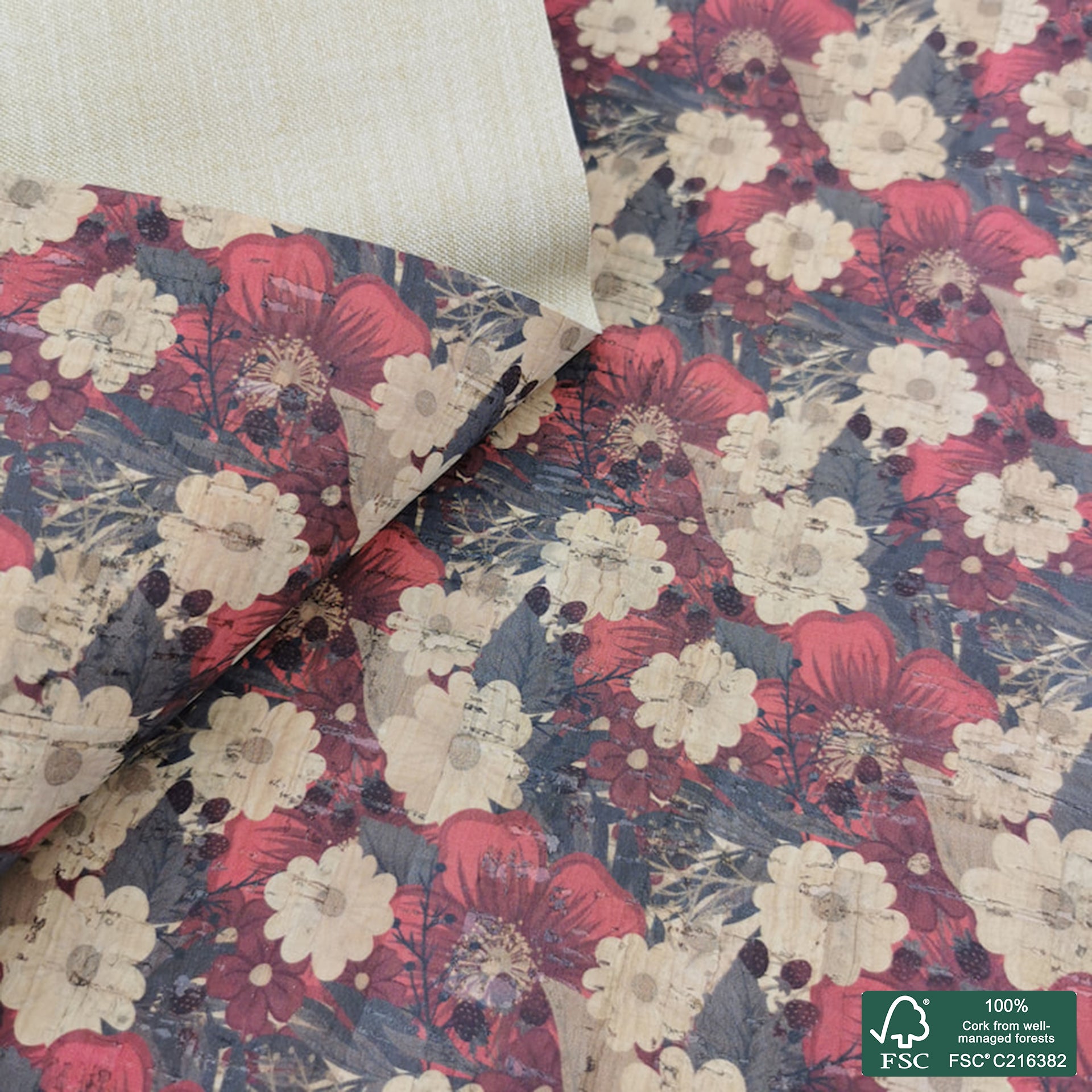Flowers printed pattern on natural cork fabric (307)