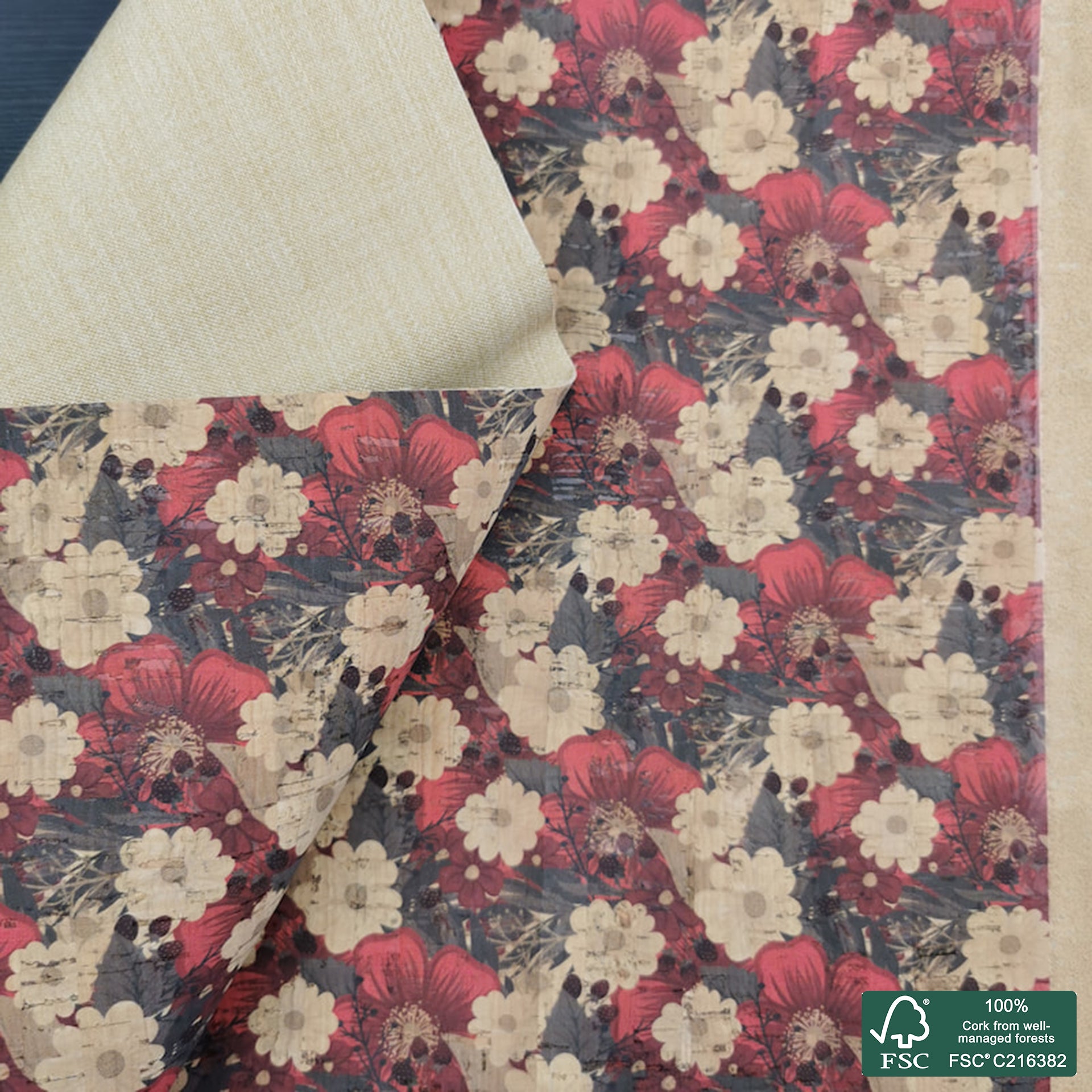 Flowers printed pattern on natural cork fabric (307)