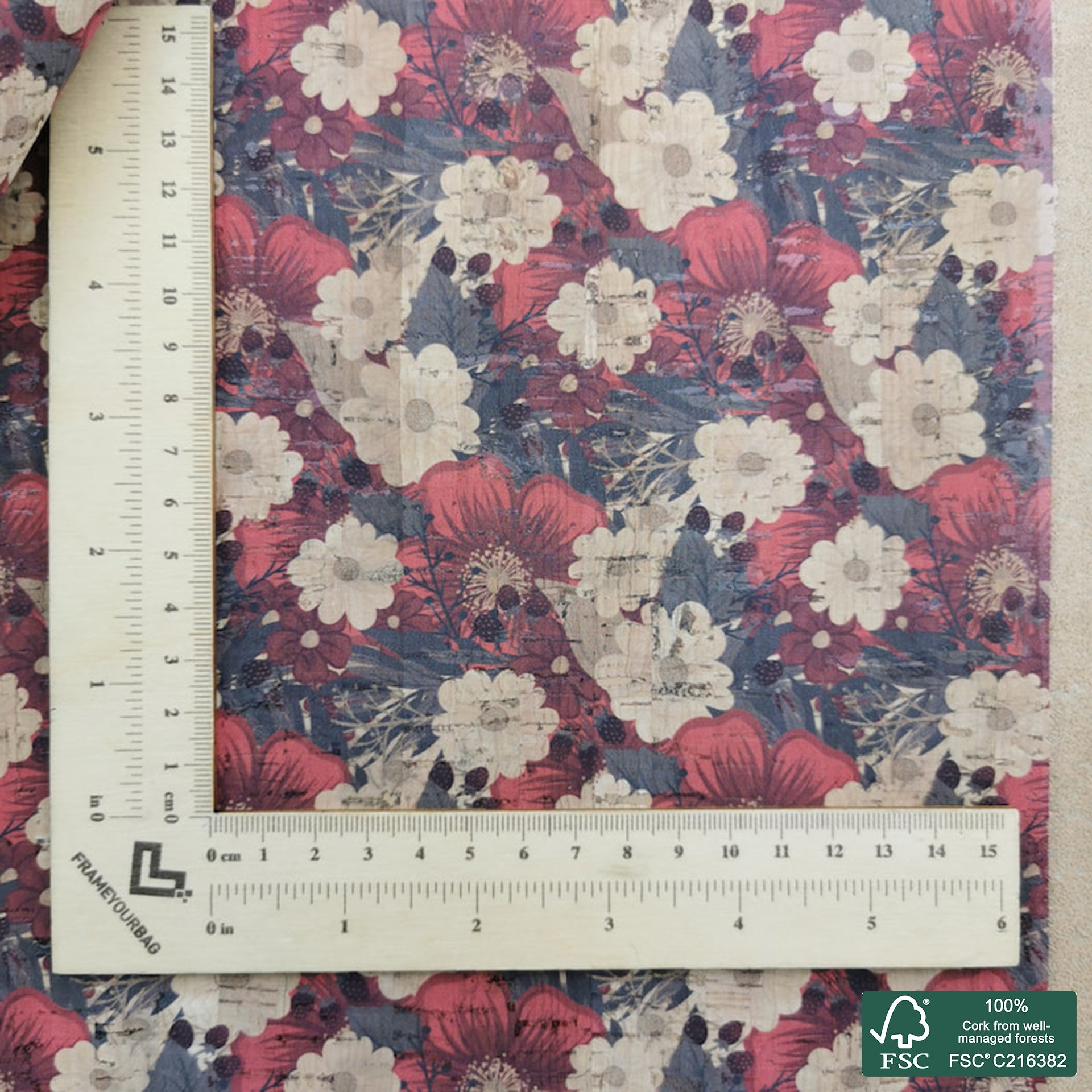 Flowers printed pattern on natural cork fabric (307)