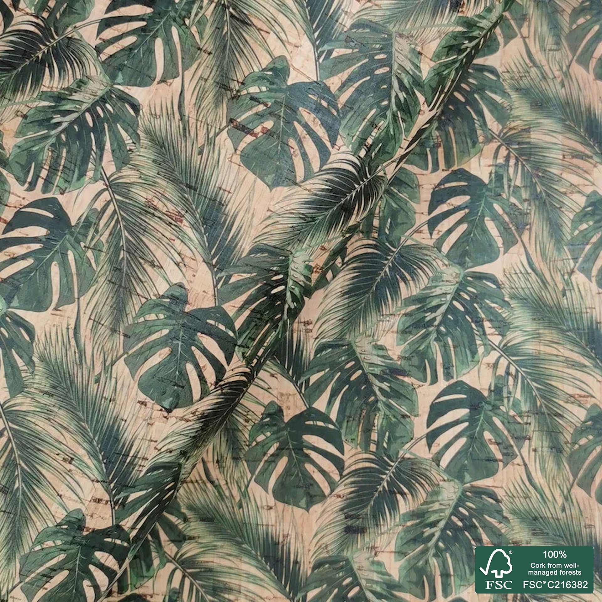 Leaves printed pattern on natural cork fabric (309)