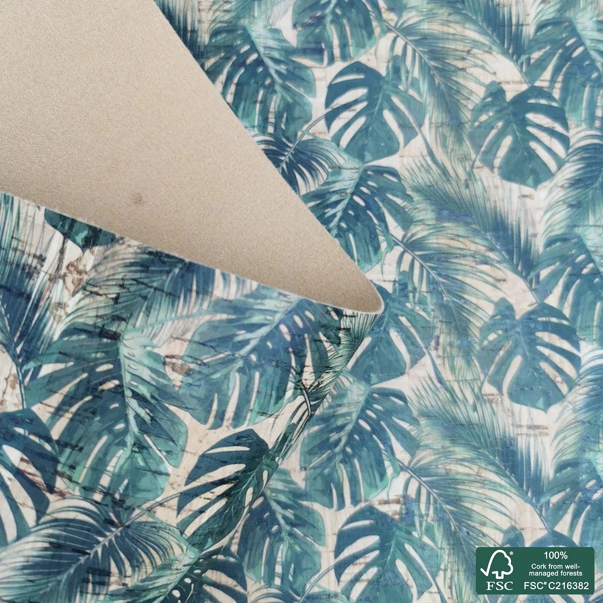 Leaves printed pattern on natural cork fabric (309)