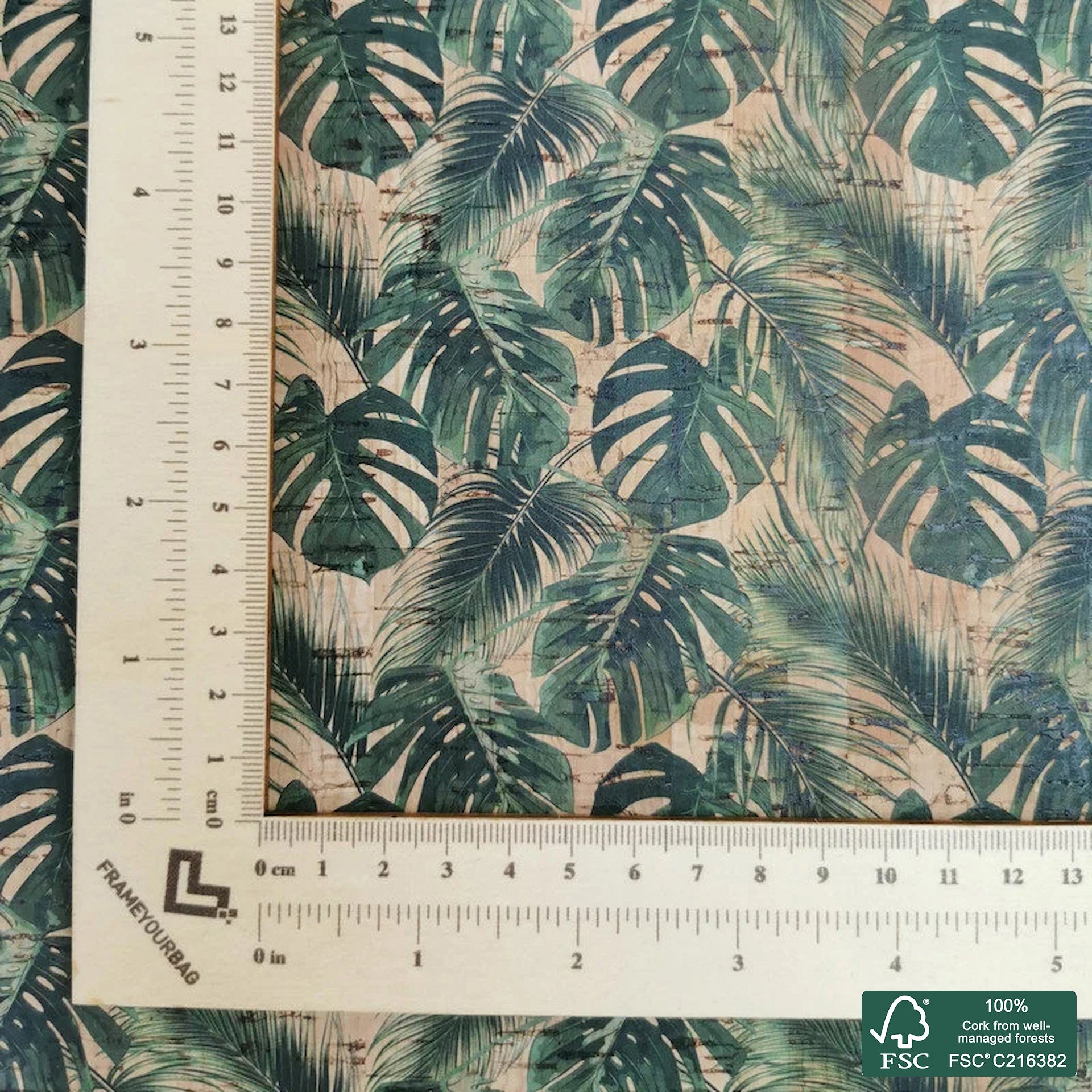 Leaves printed pattern on natural cork fabric (309)