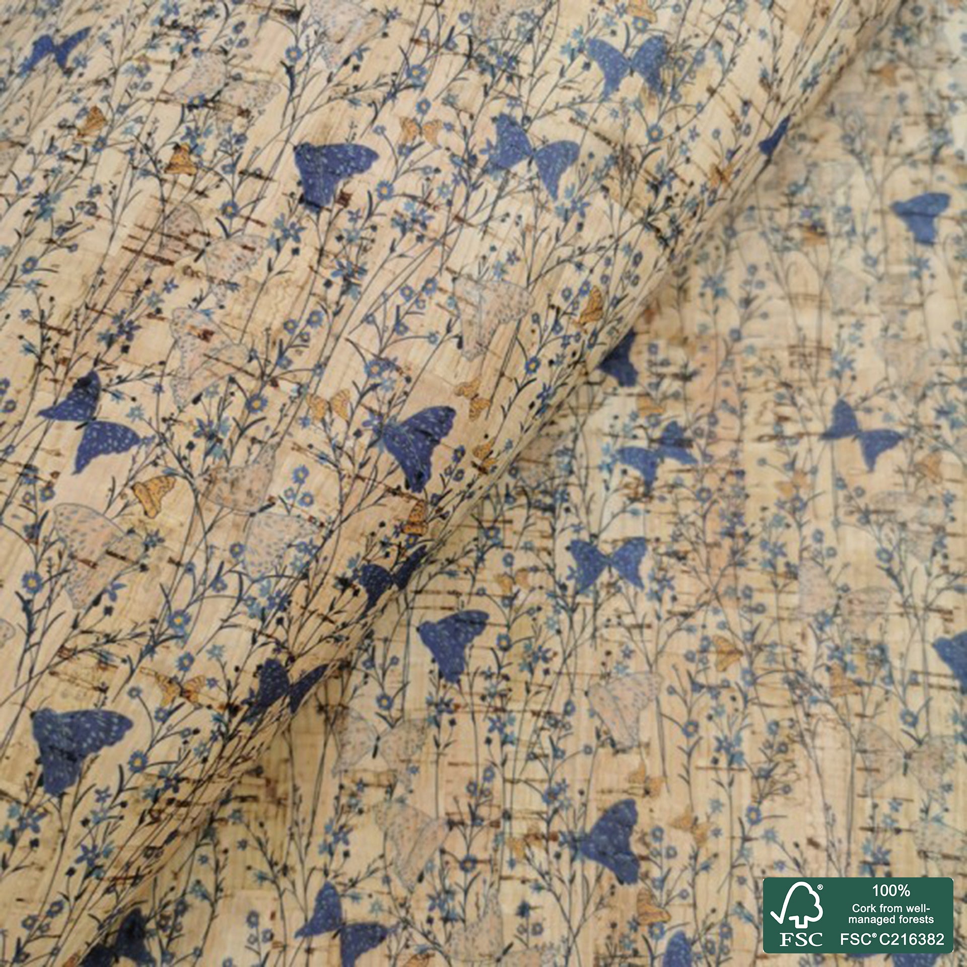 Butterflies printed pattern on natural cork fabric (310)
