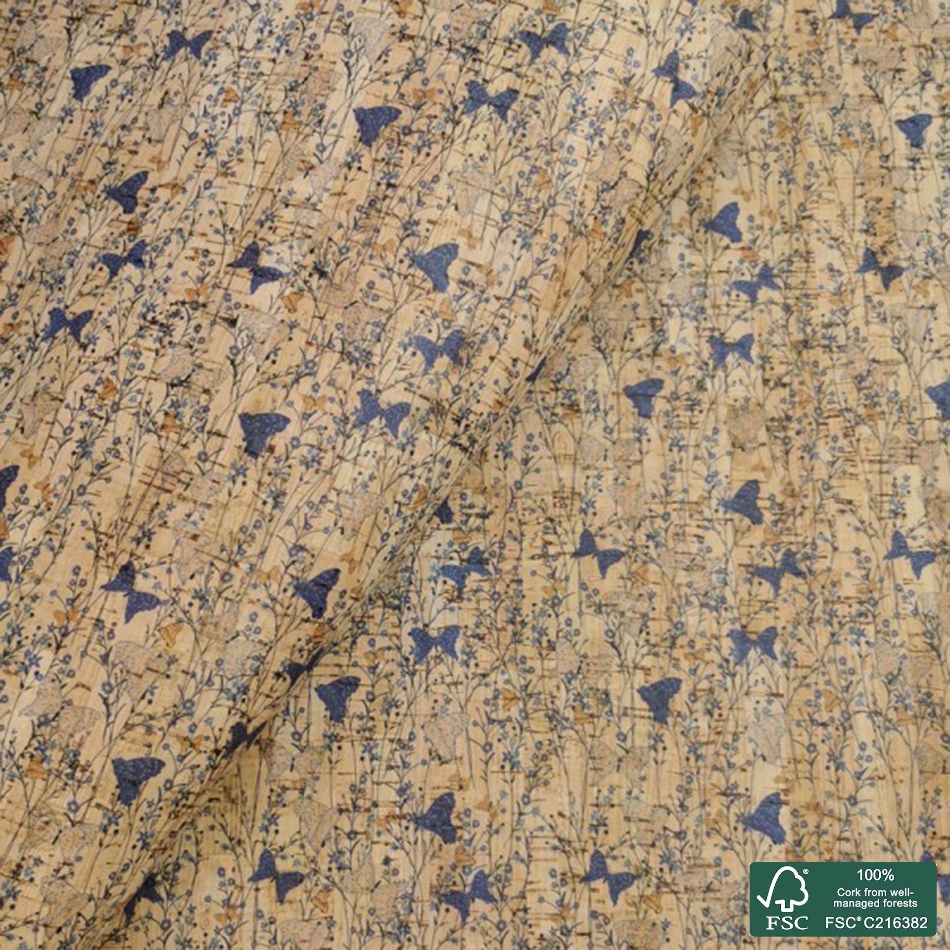 Butterflies printed pattern on natural cork fabric (310)