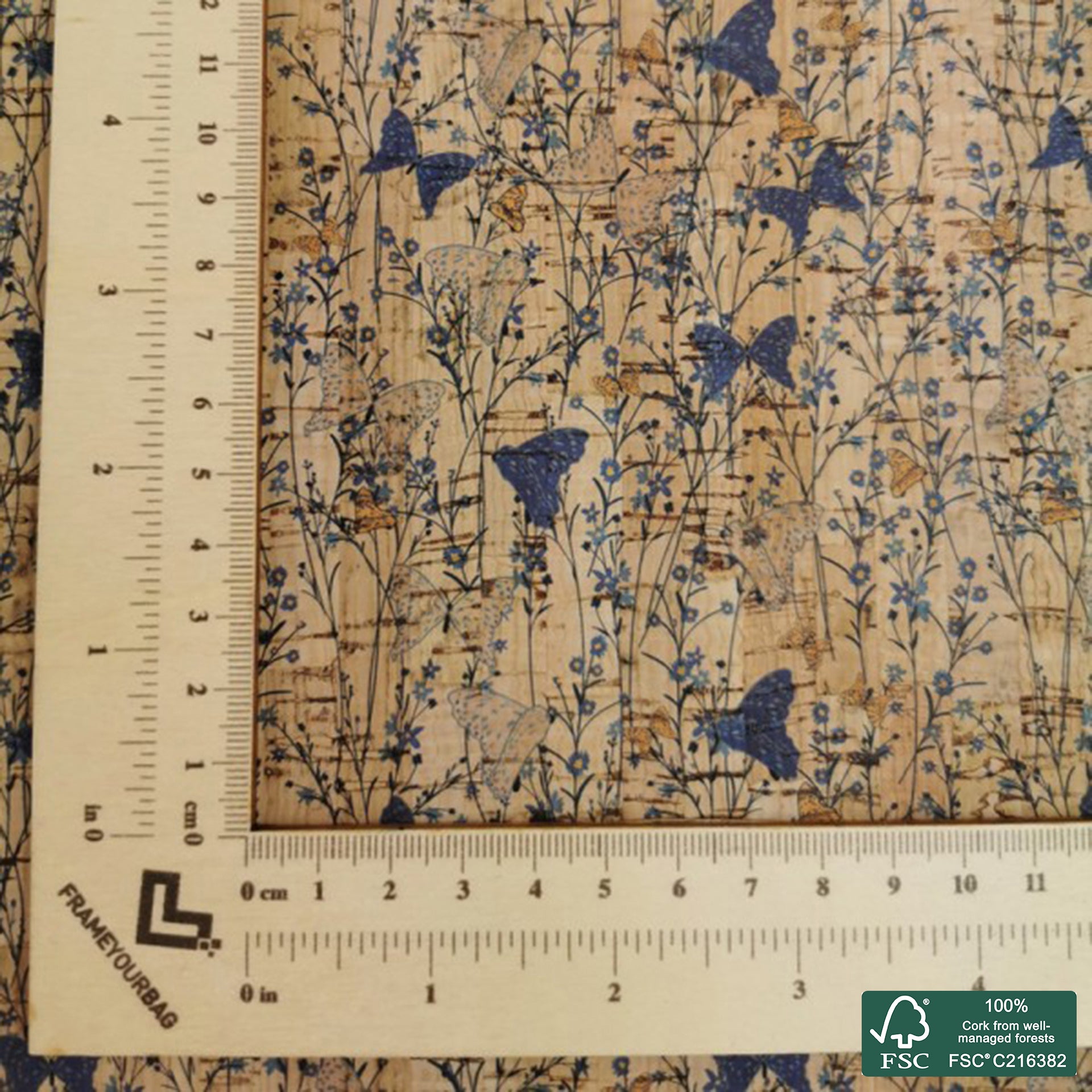 Butterflies printed pattern on natural cork fabric (310)