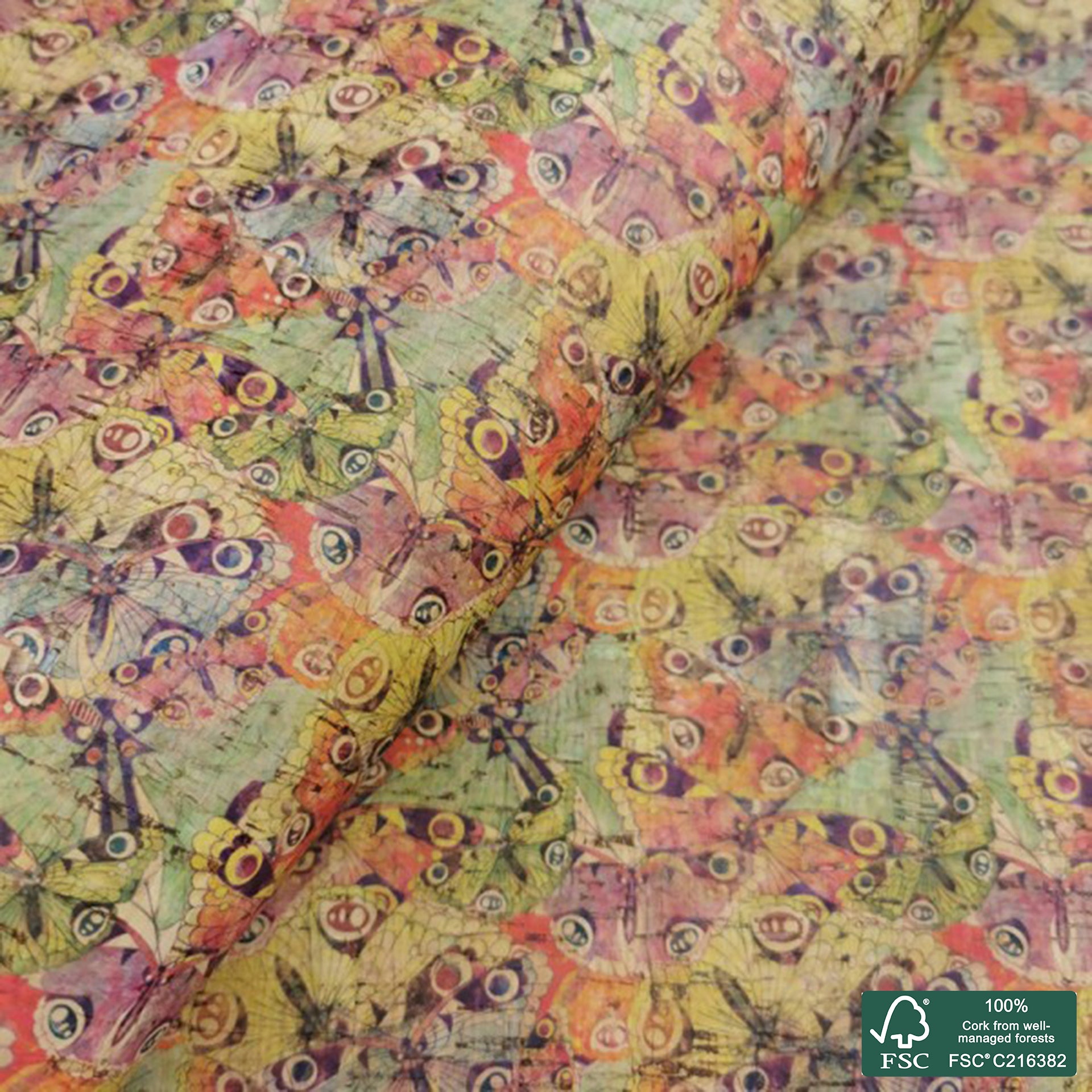 Butterflies printed pattern on natural cork fabric (311)