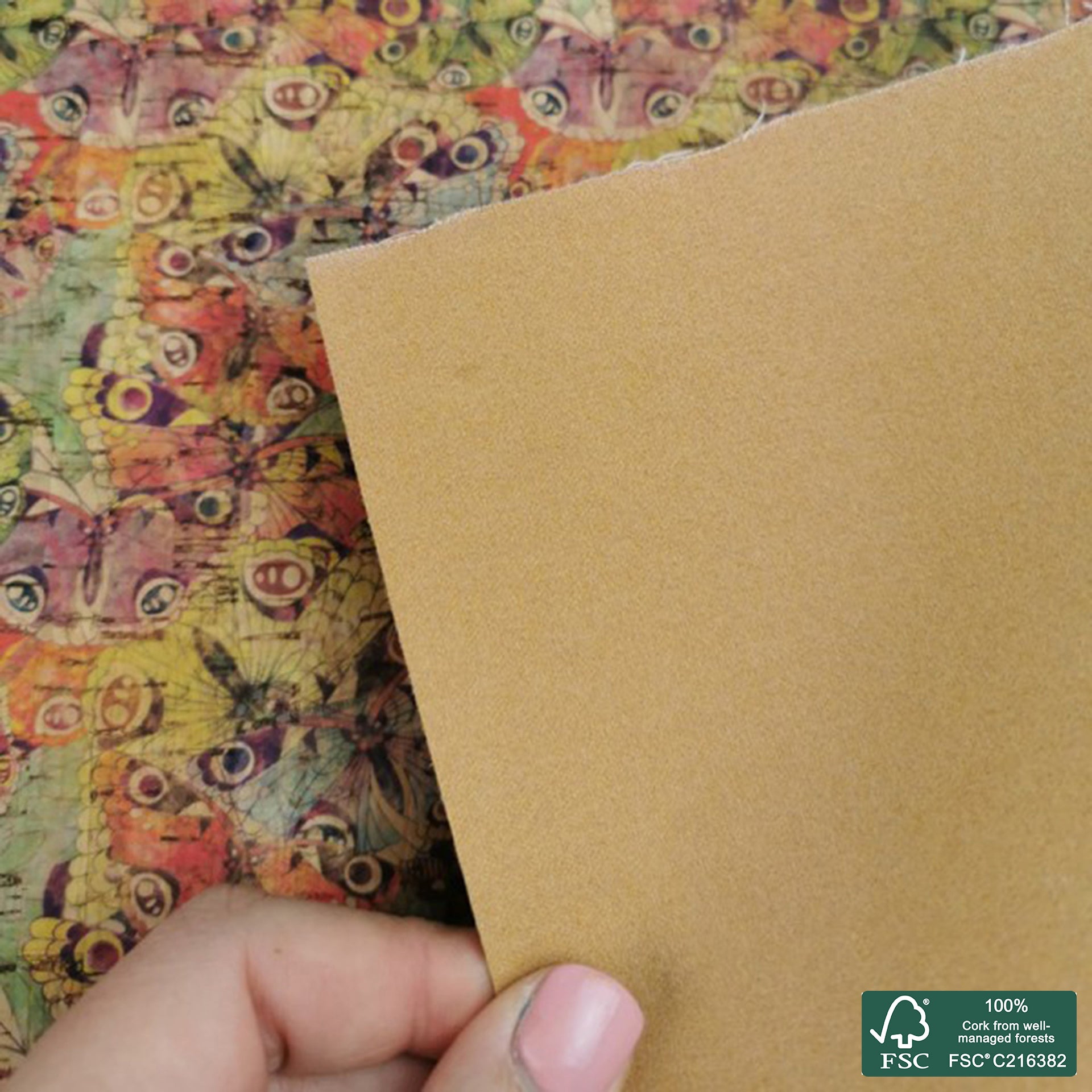 Butterflies printed pattern on natural cork fabric (311)