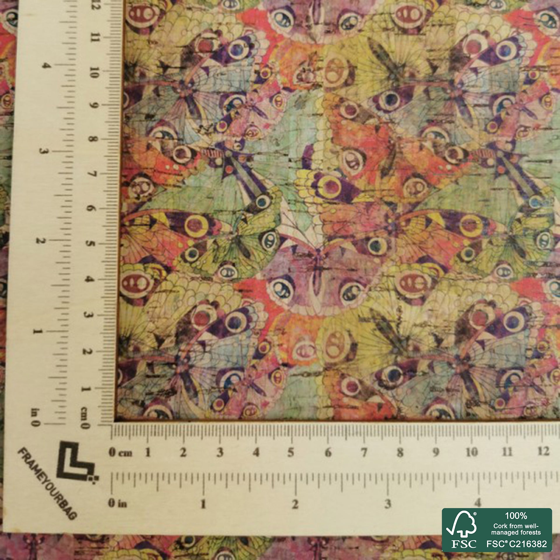 Butterflies printed pattern on natural cork fabric (311)