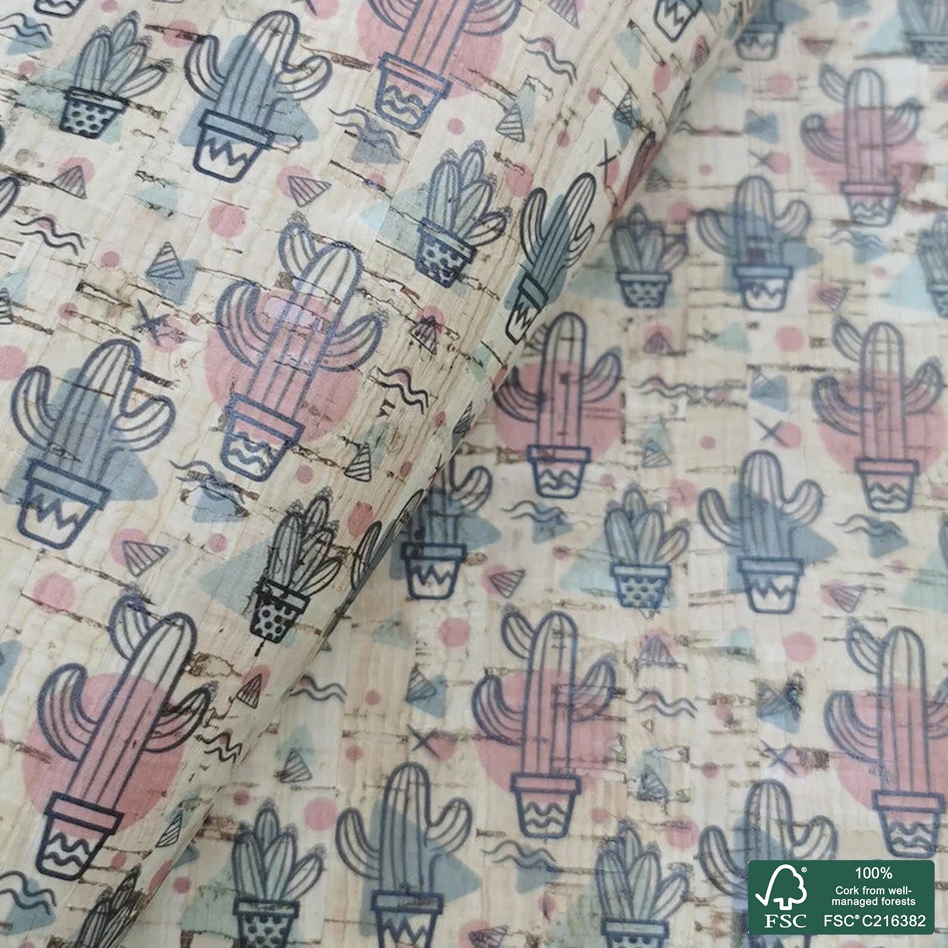 Cactus printed pattern on natural cork fabric (313)