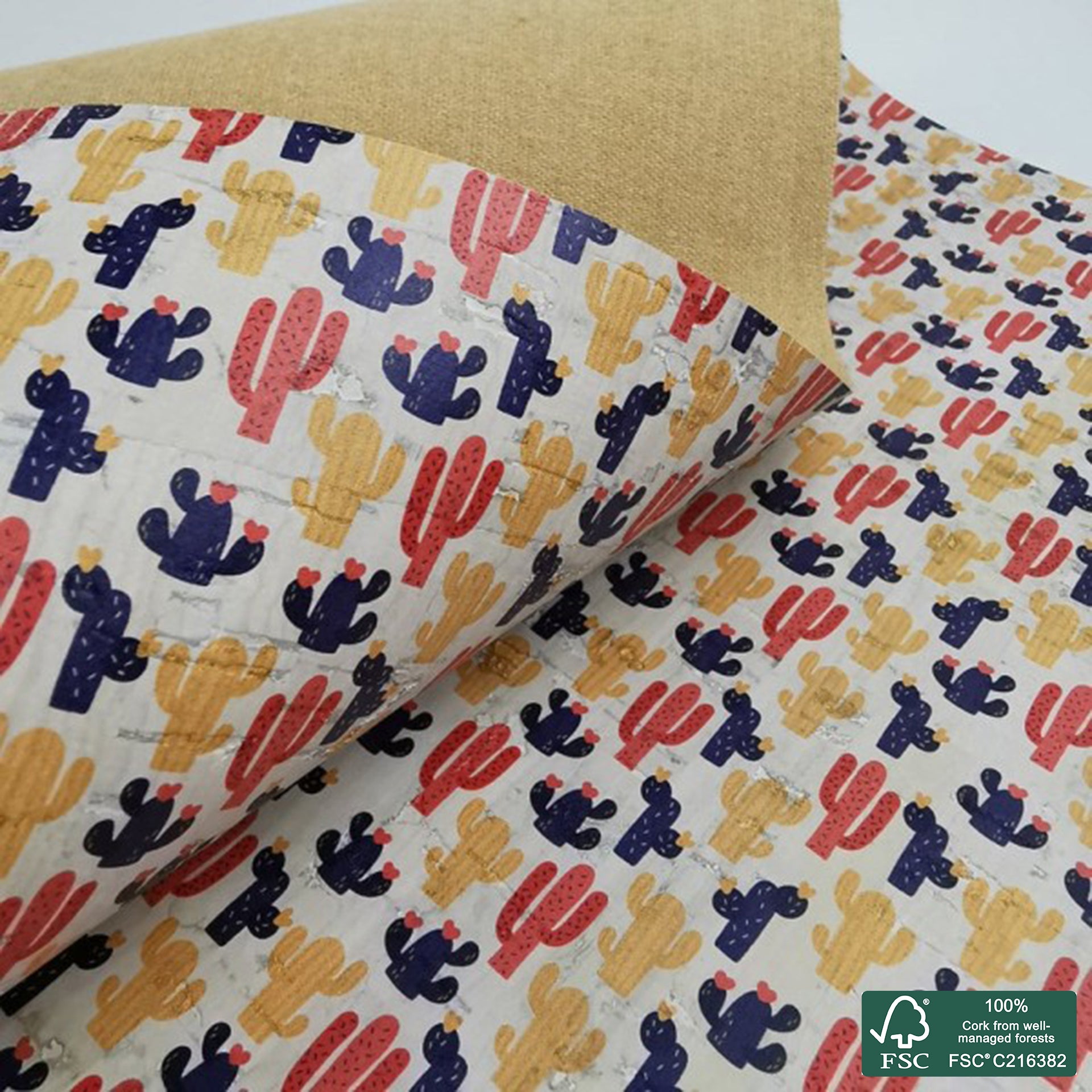Cactus printed pattern on white cork fabric (314)