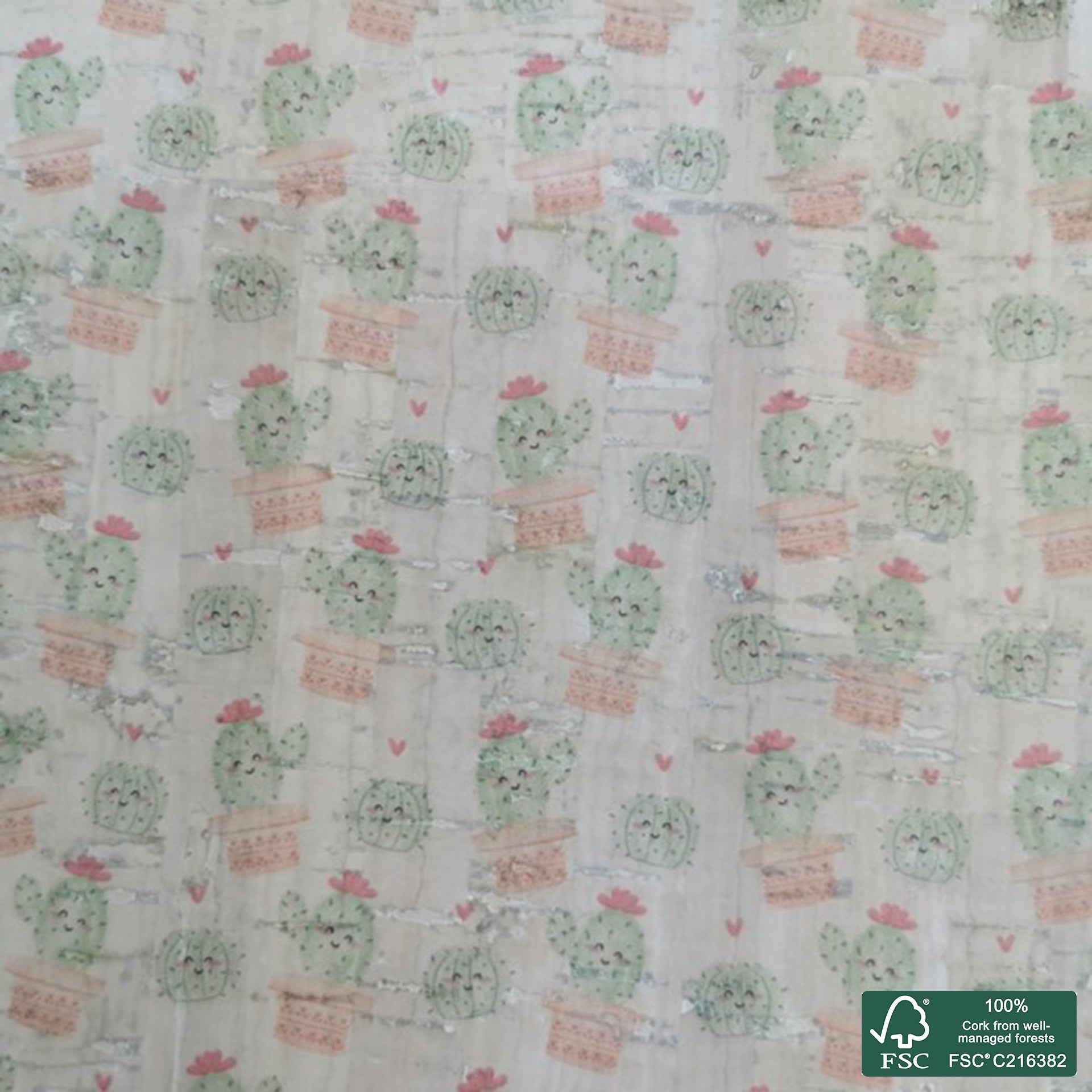 Cactus printed pattern on white cork fabric (315)
