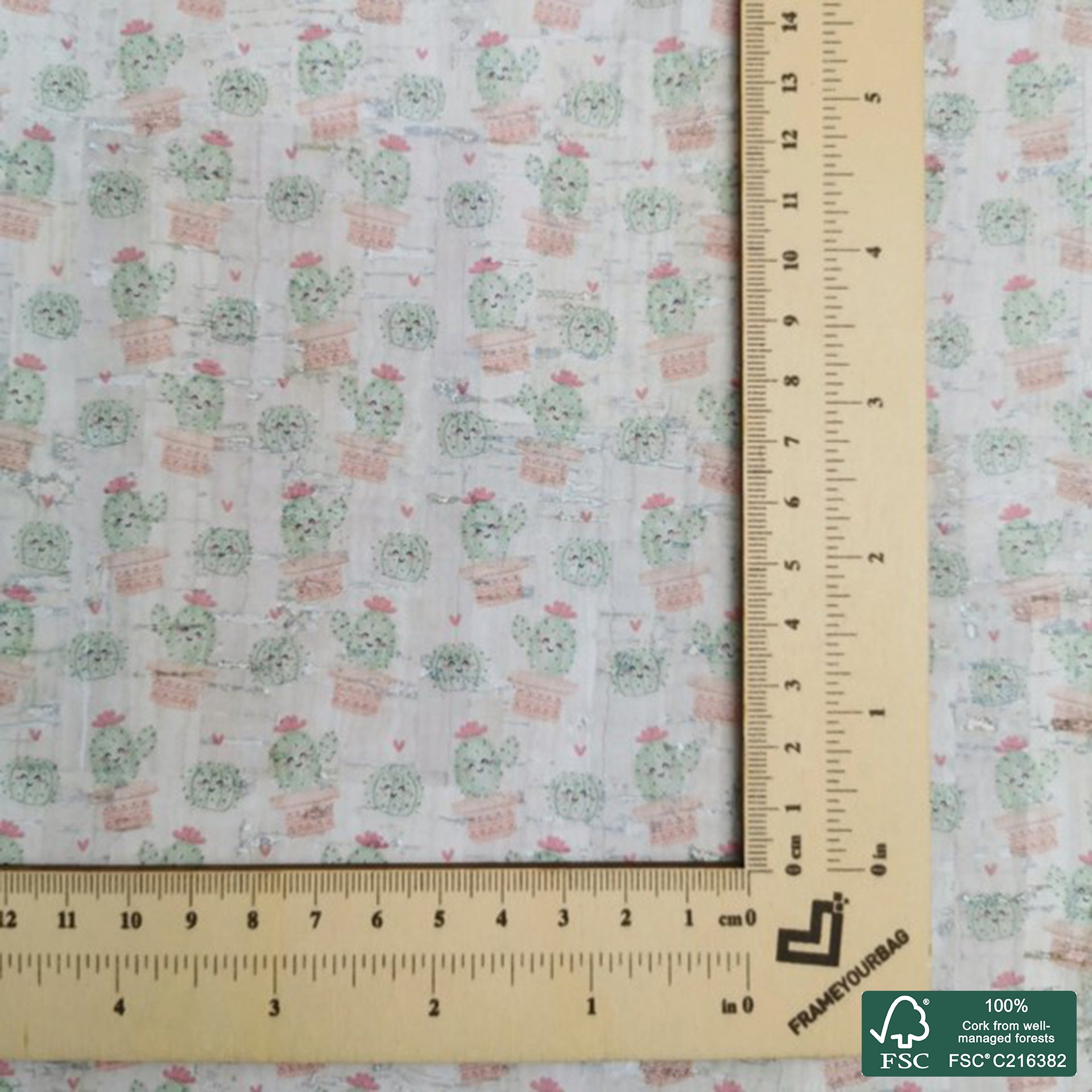 Cactus printed pattern on white cork fabric (315)