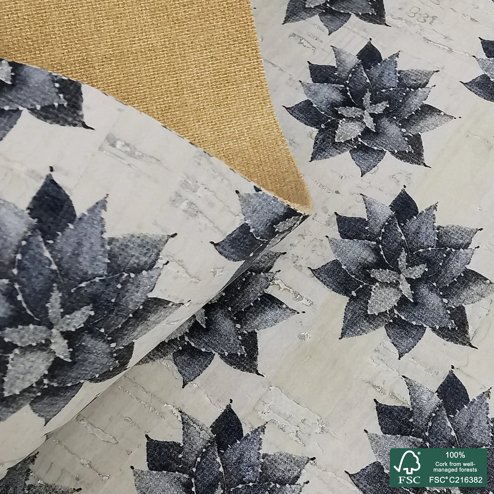 Succulents printed pattern on white cork fabric (317)