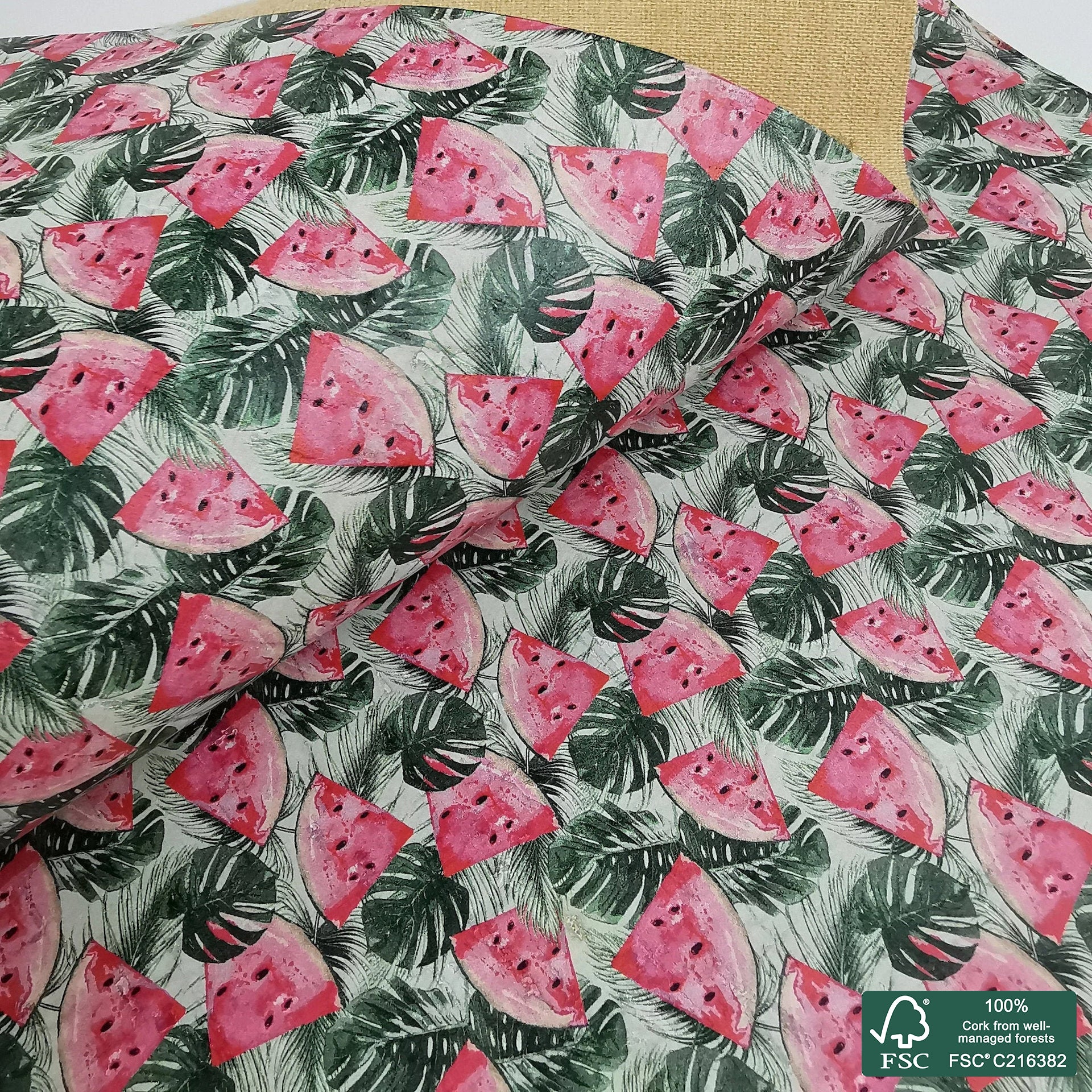 Watermelon printed pattern on white cork fabric (318)