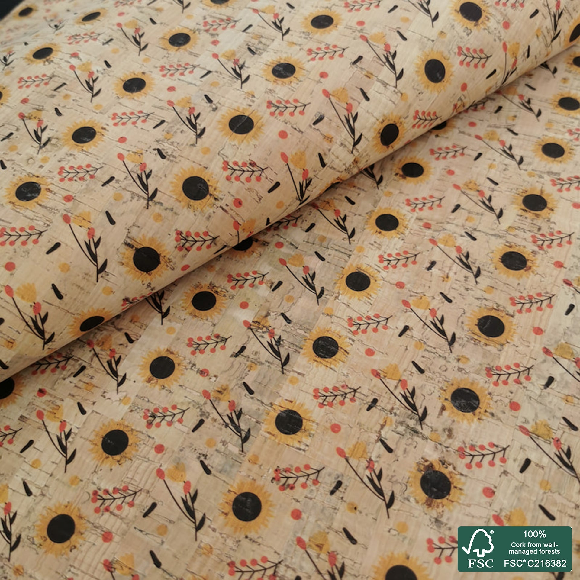 Leaves printed pattern on natural cork fabric (319)