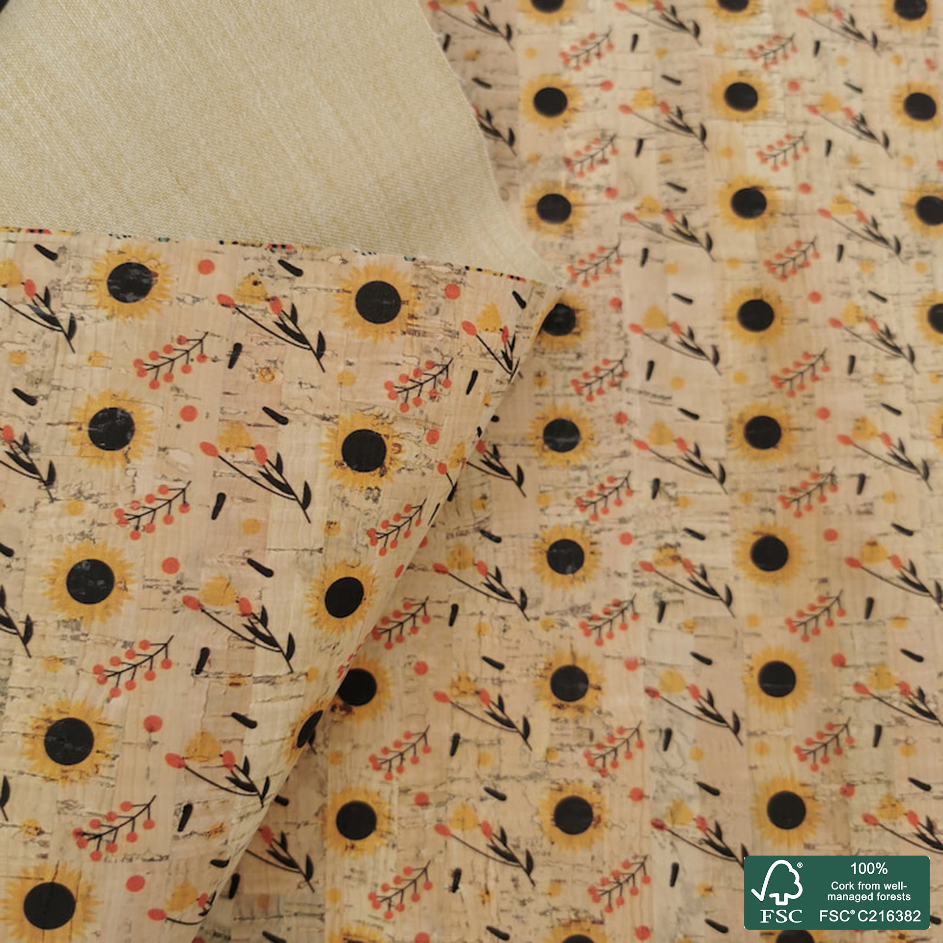 Leaves printed pattern on natural cork fabric (319)