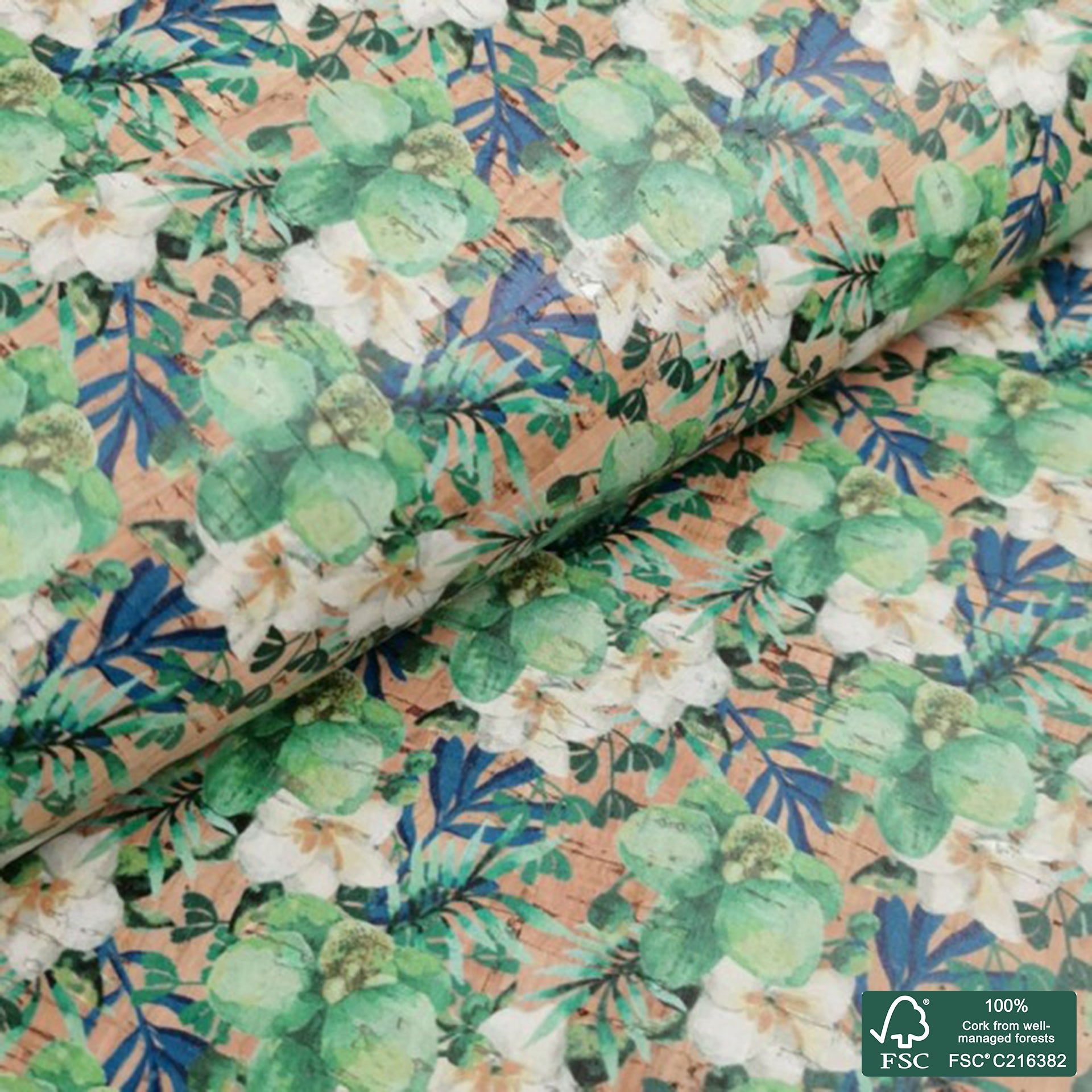 Flowers printed pattern on natural cork fabric (324)