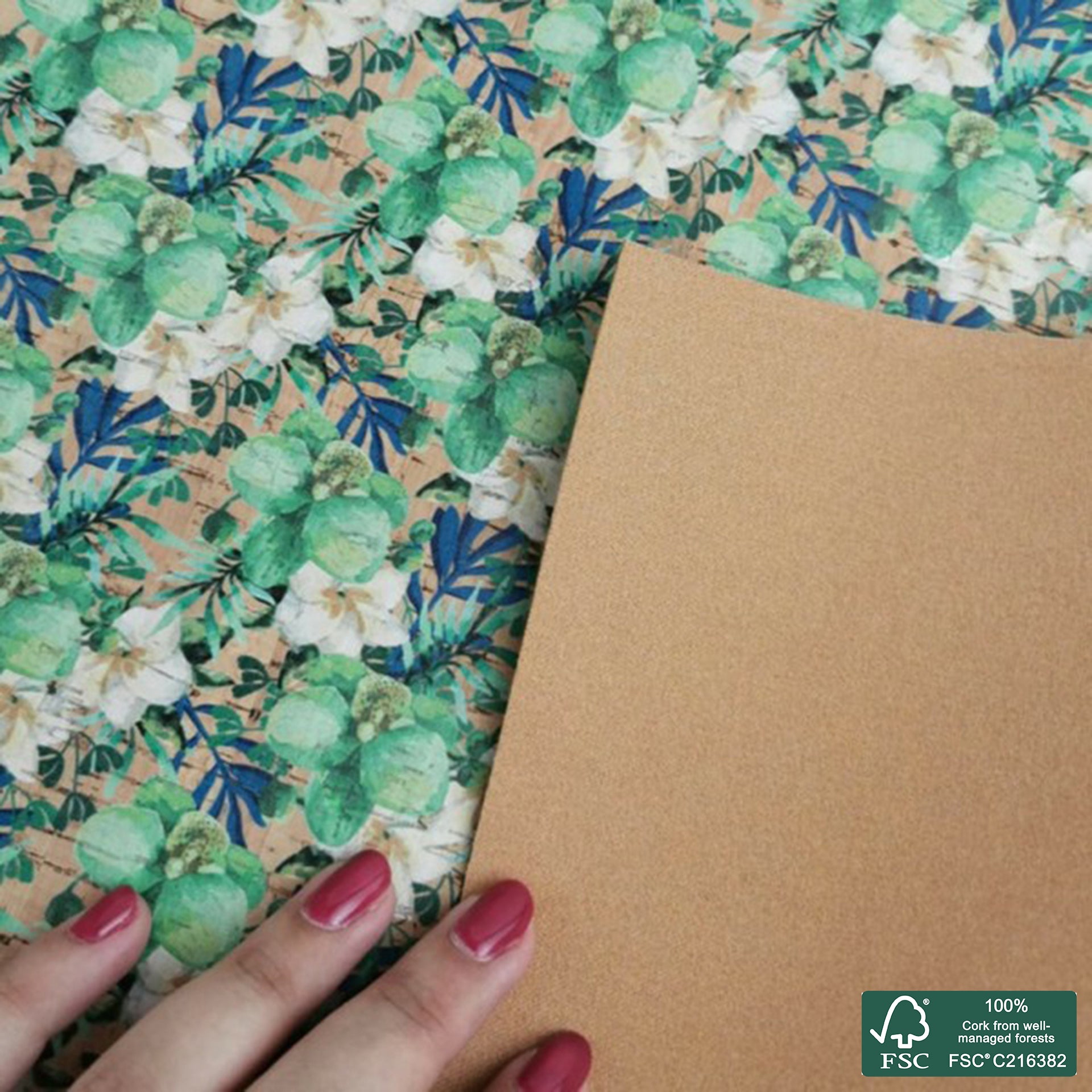 Flowers printed pattern on natural cork fabric (324)