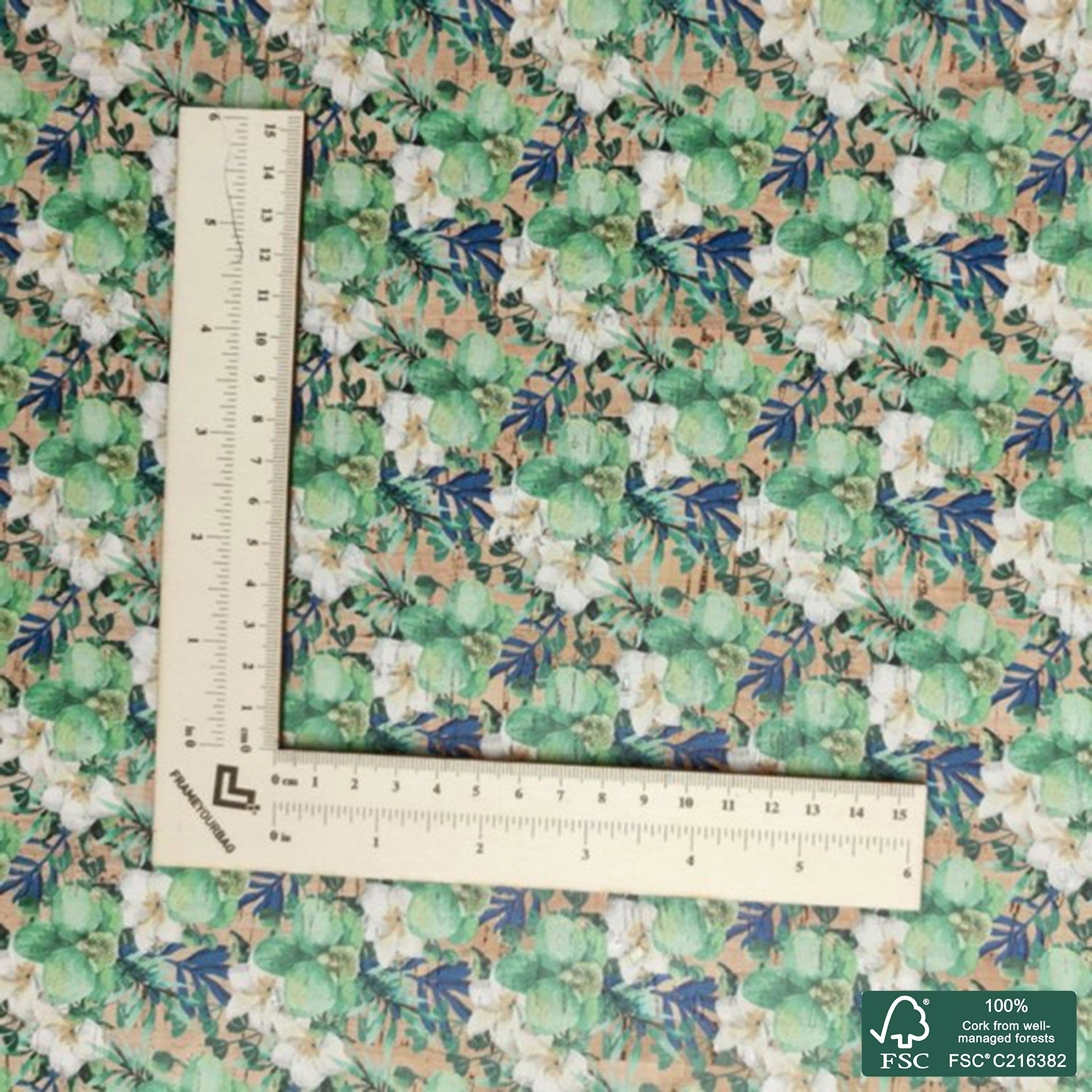 Flowers printed pattern on natural cork fabric (324)
