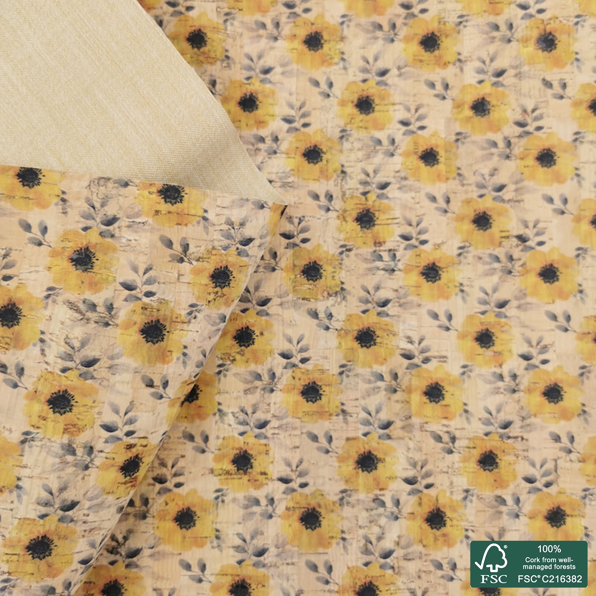 Flowers printed pattern on natural cork fabric (327)