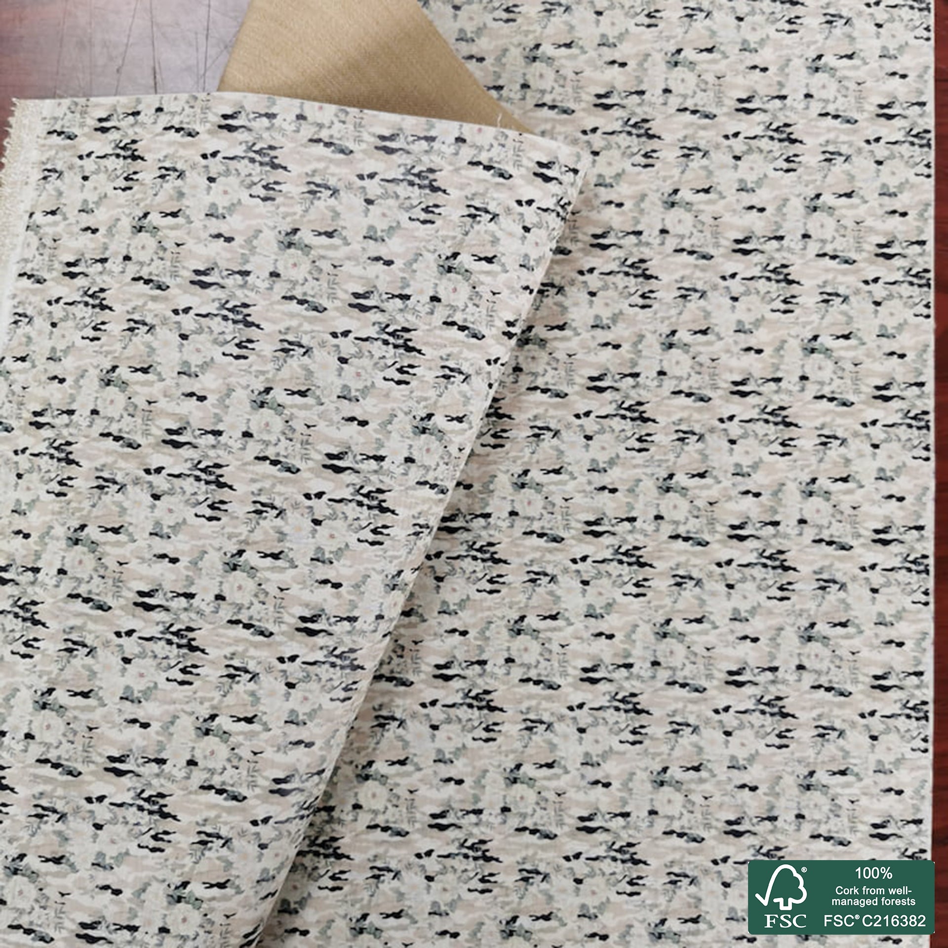 Flowers printed pattern on white cork fabric (329)