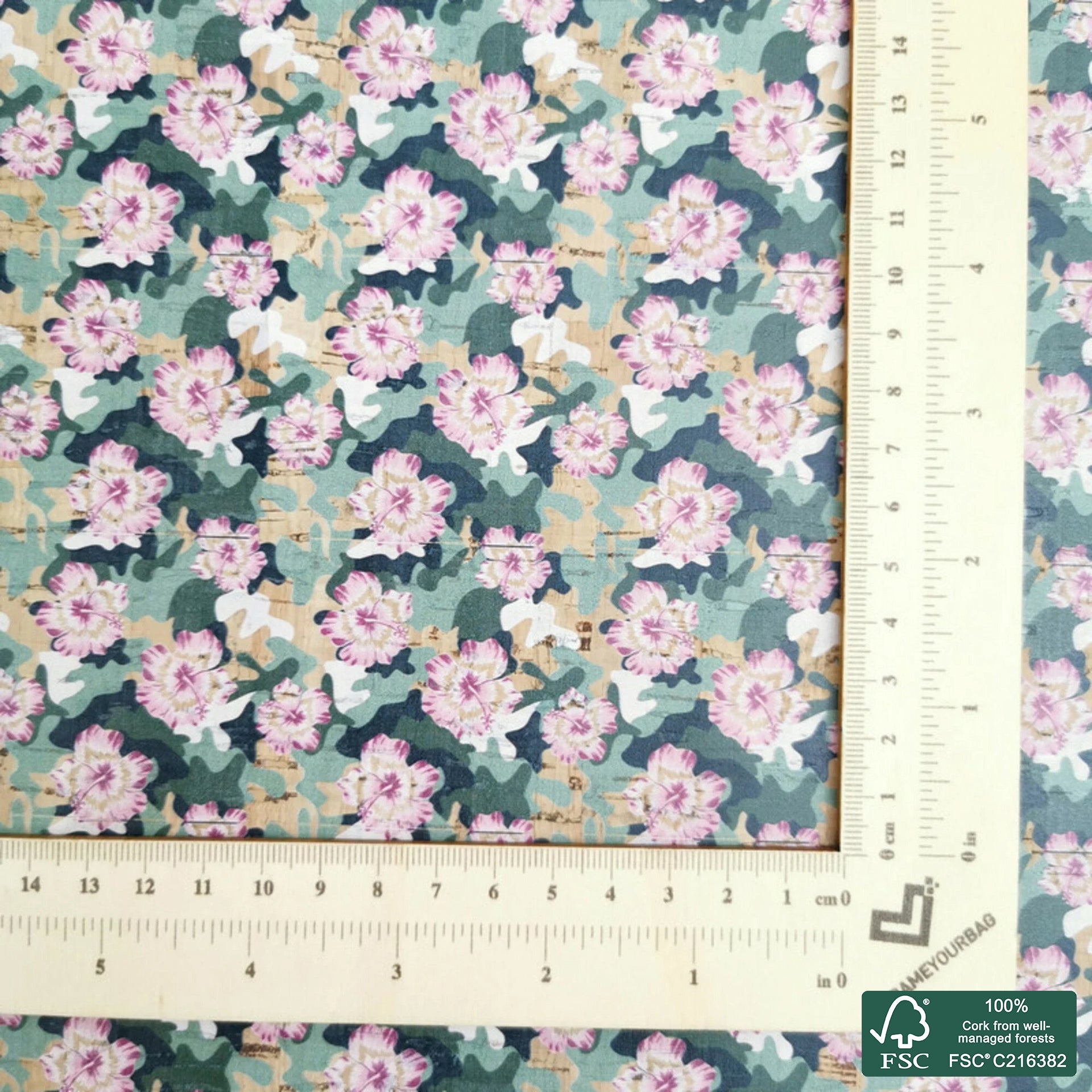 Flowers printed pattern on natural cork fabric (333)