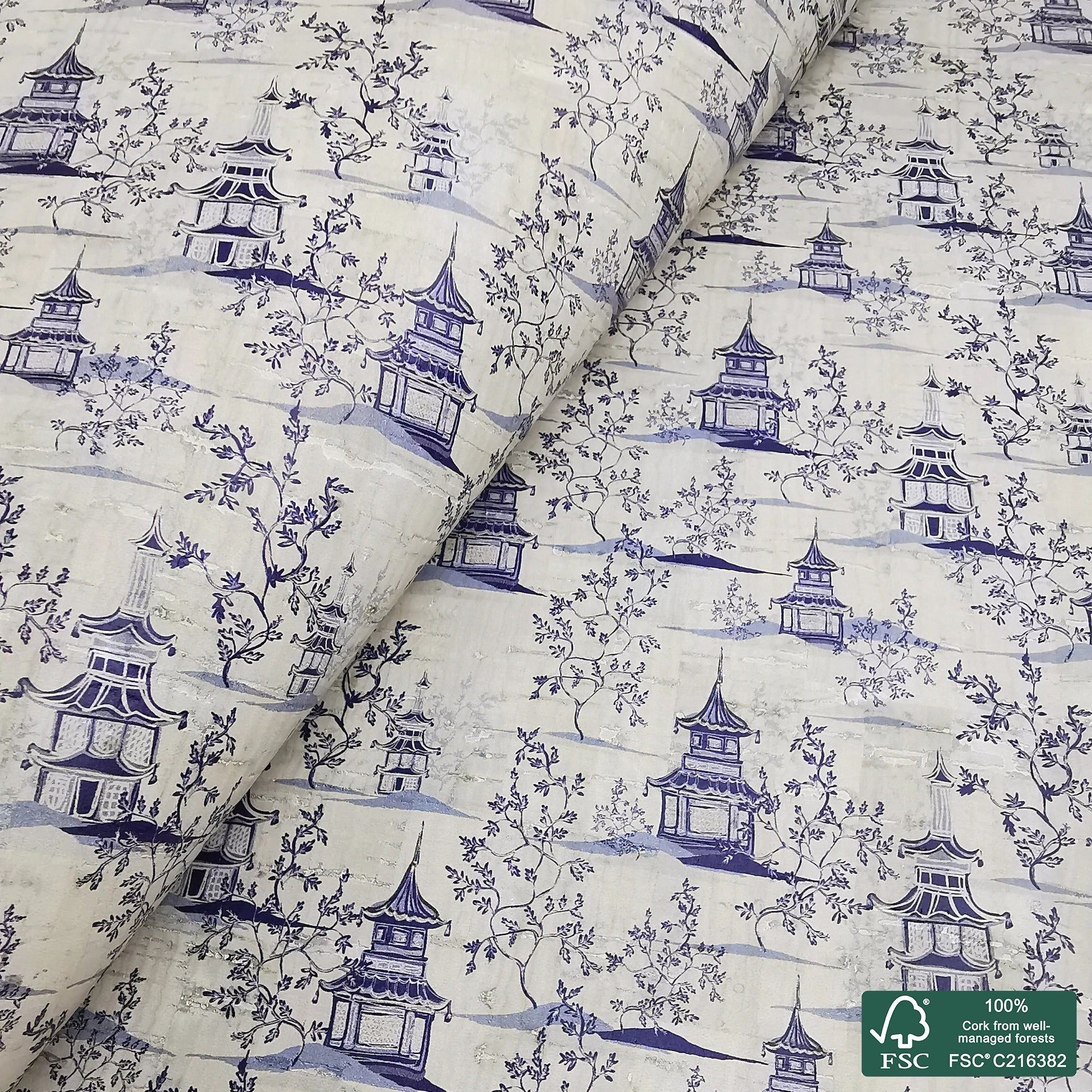 Chinese pagodas printed pattern on white cork fabric (337)