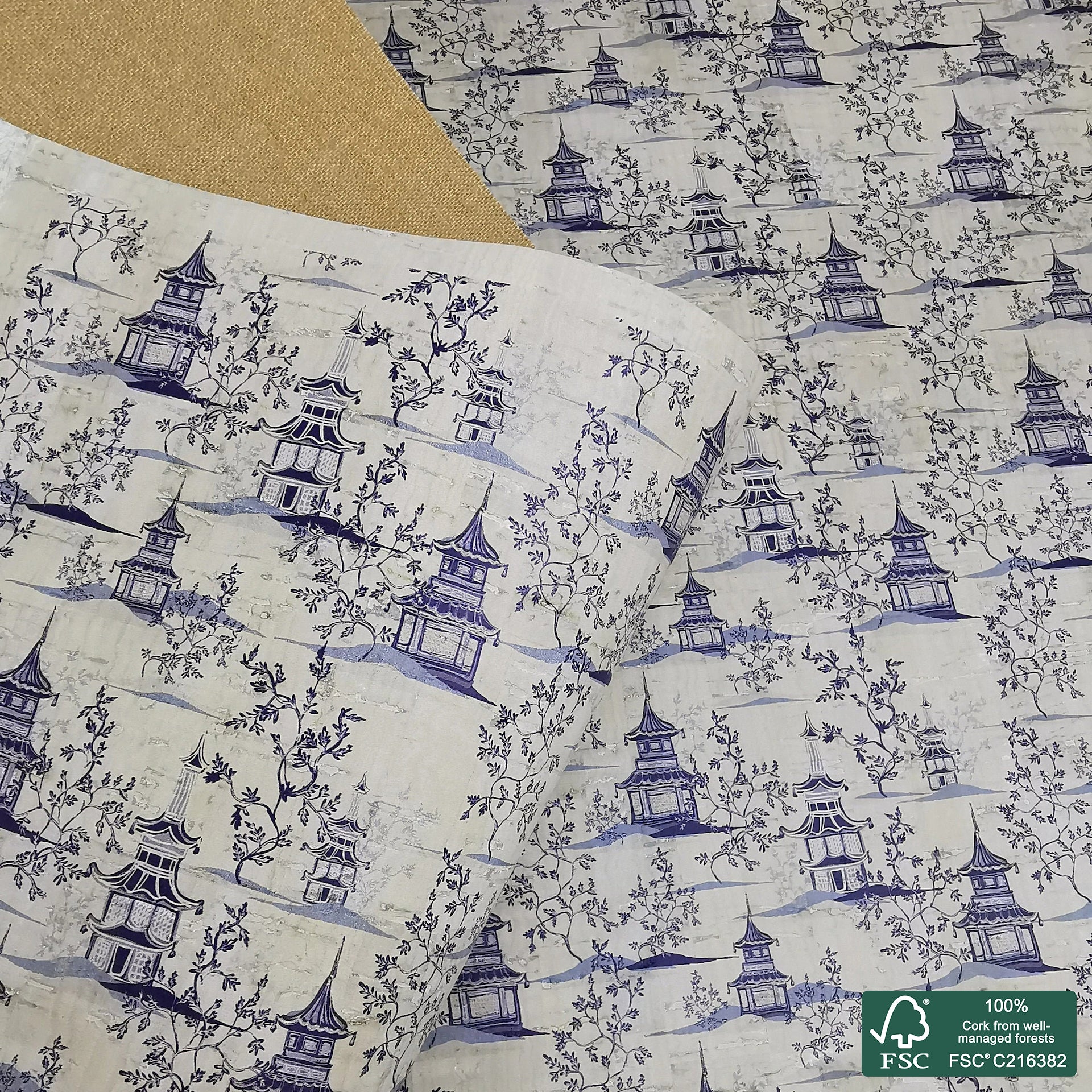 Chinese pagodas printed pattern on white cork fabric (337)