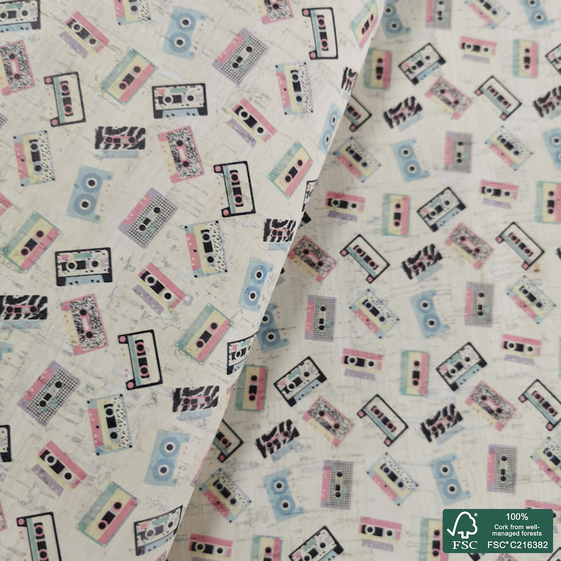 Vintage printed pattern on white cork fabric (342)