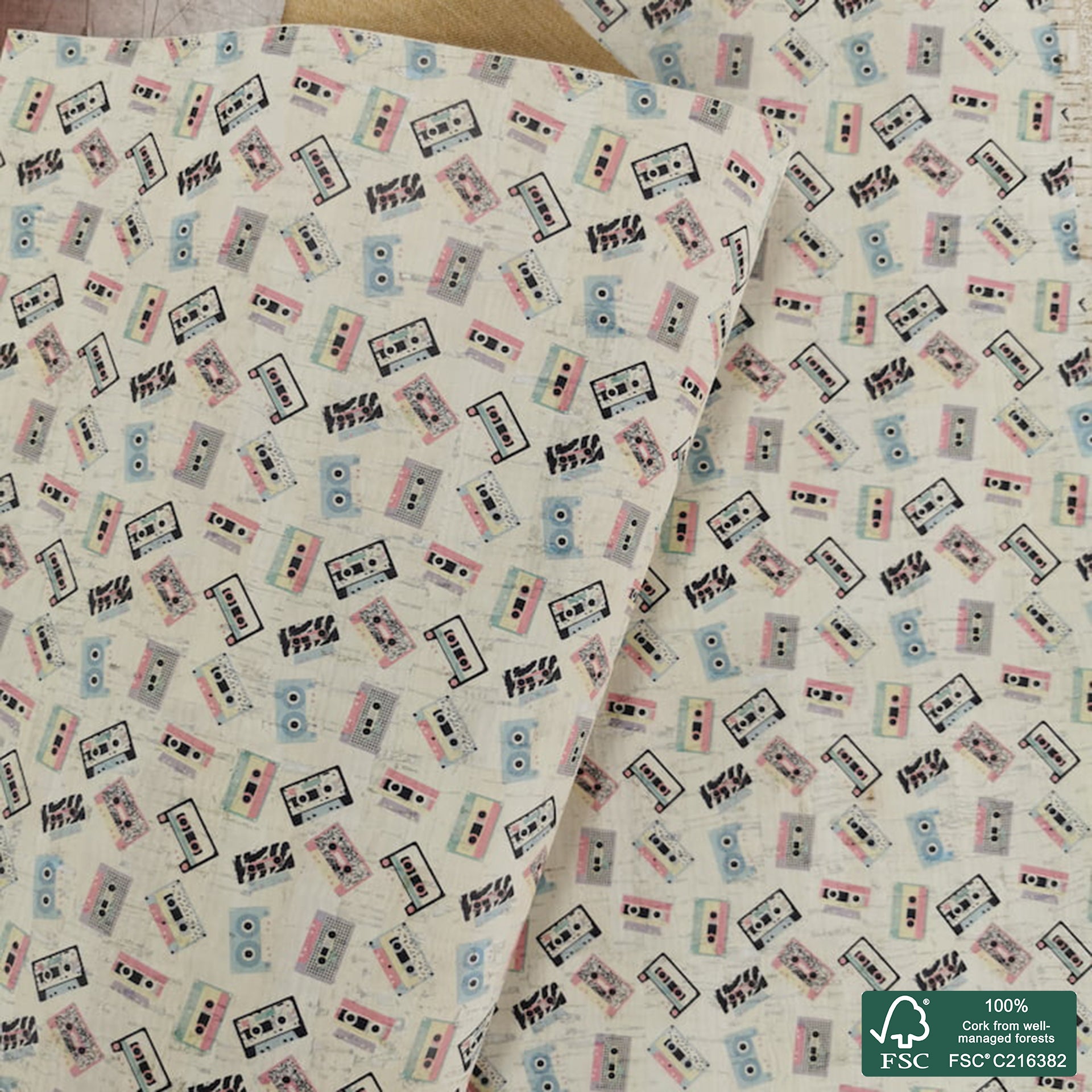 Vintage printed pattern on white cork fabric (342)