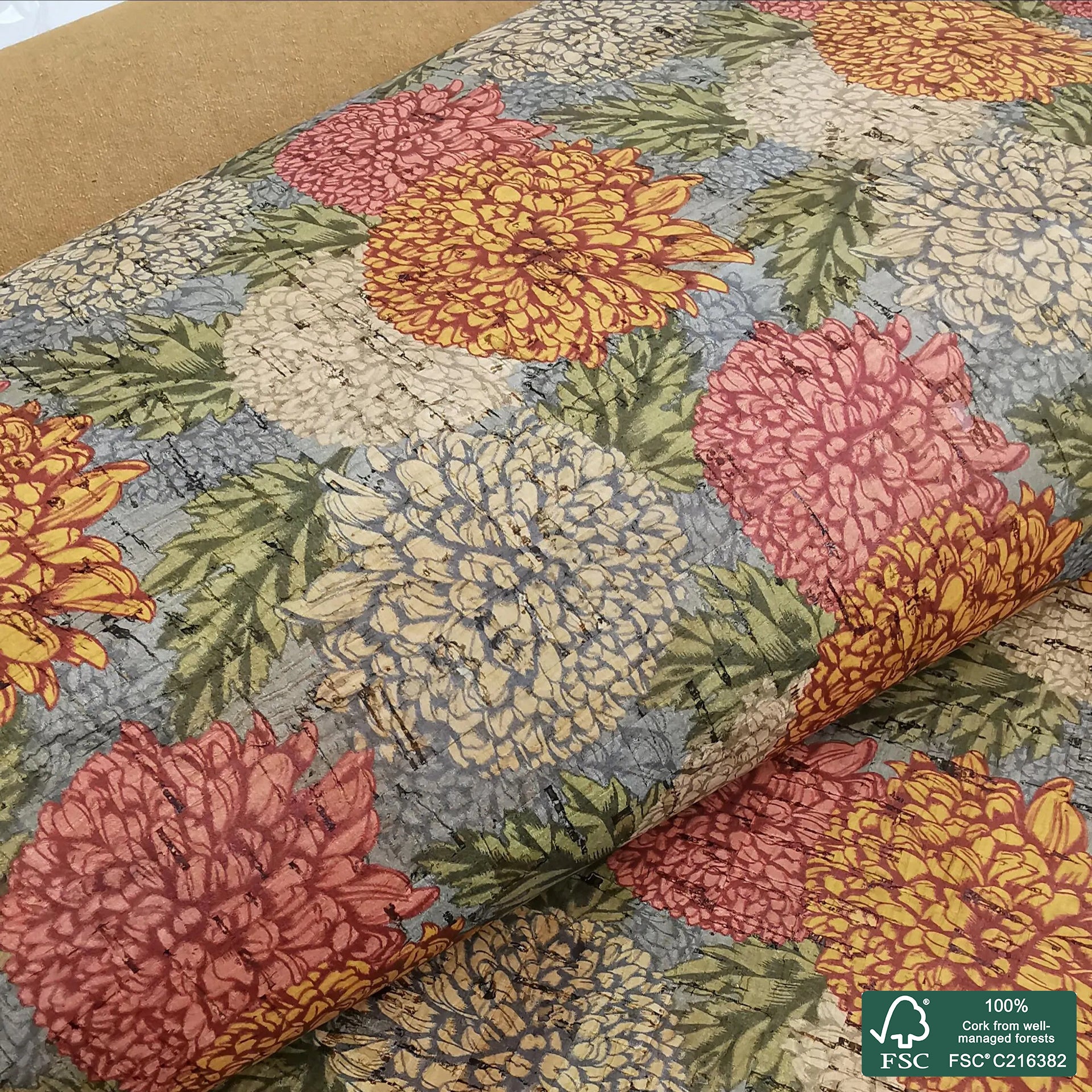 Flowers printed pattern on natural cork fabric (344)