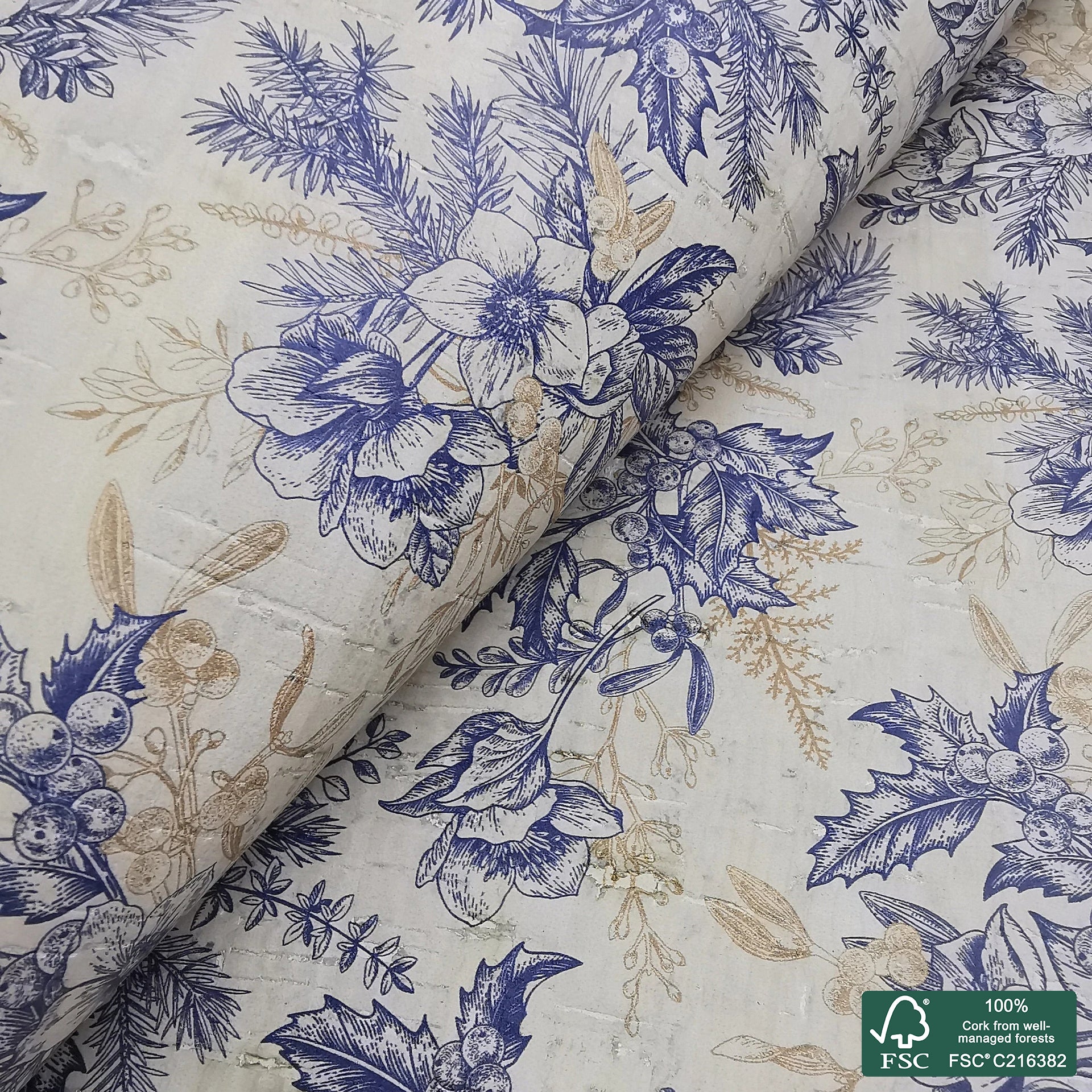 Christmas printed pattern on white cork fabric (346)