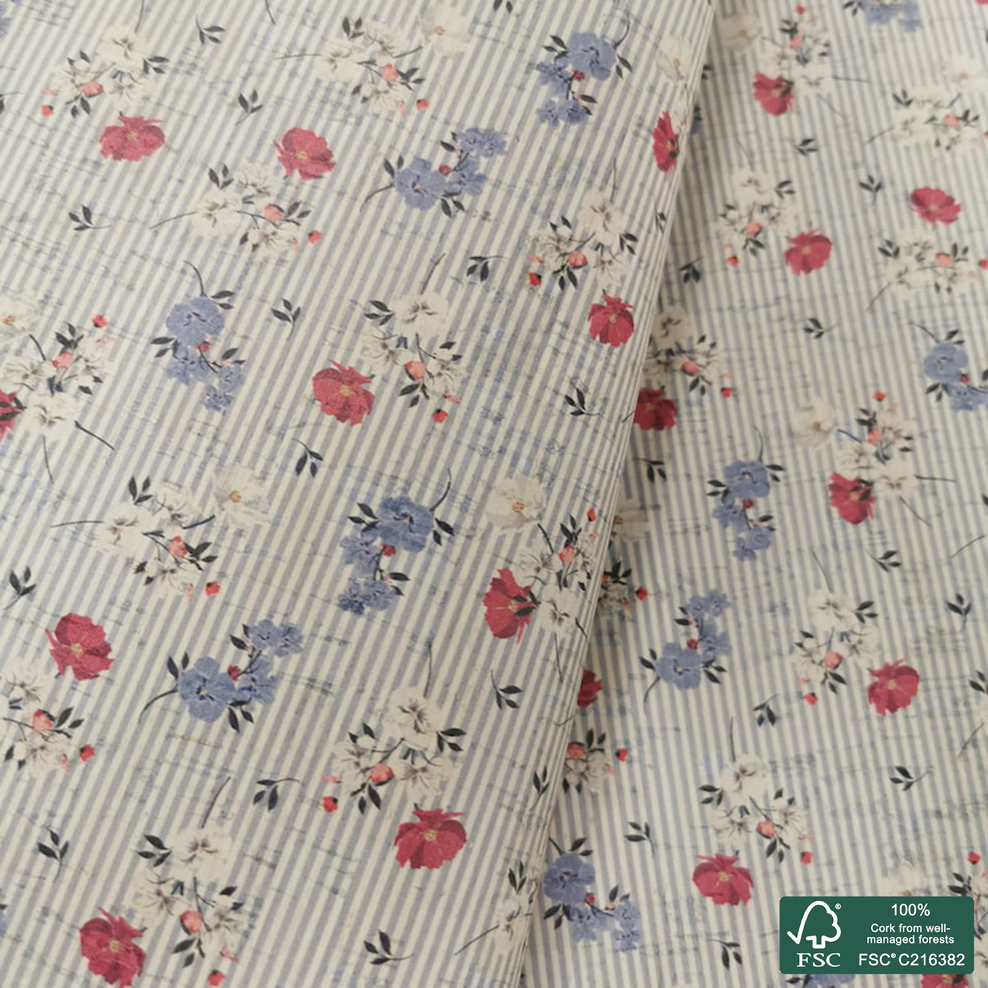 Flowers printed pattern on white cork fabric (348)