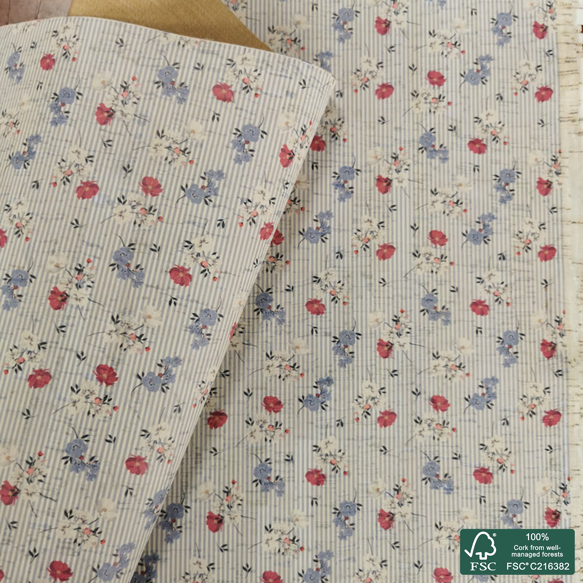 Flowers printed pattern on white cork fabric (348)