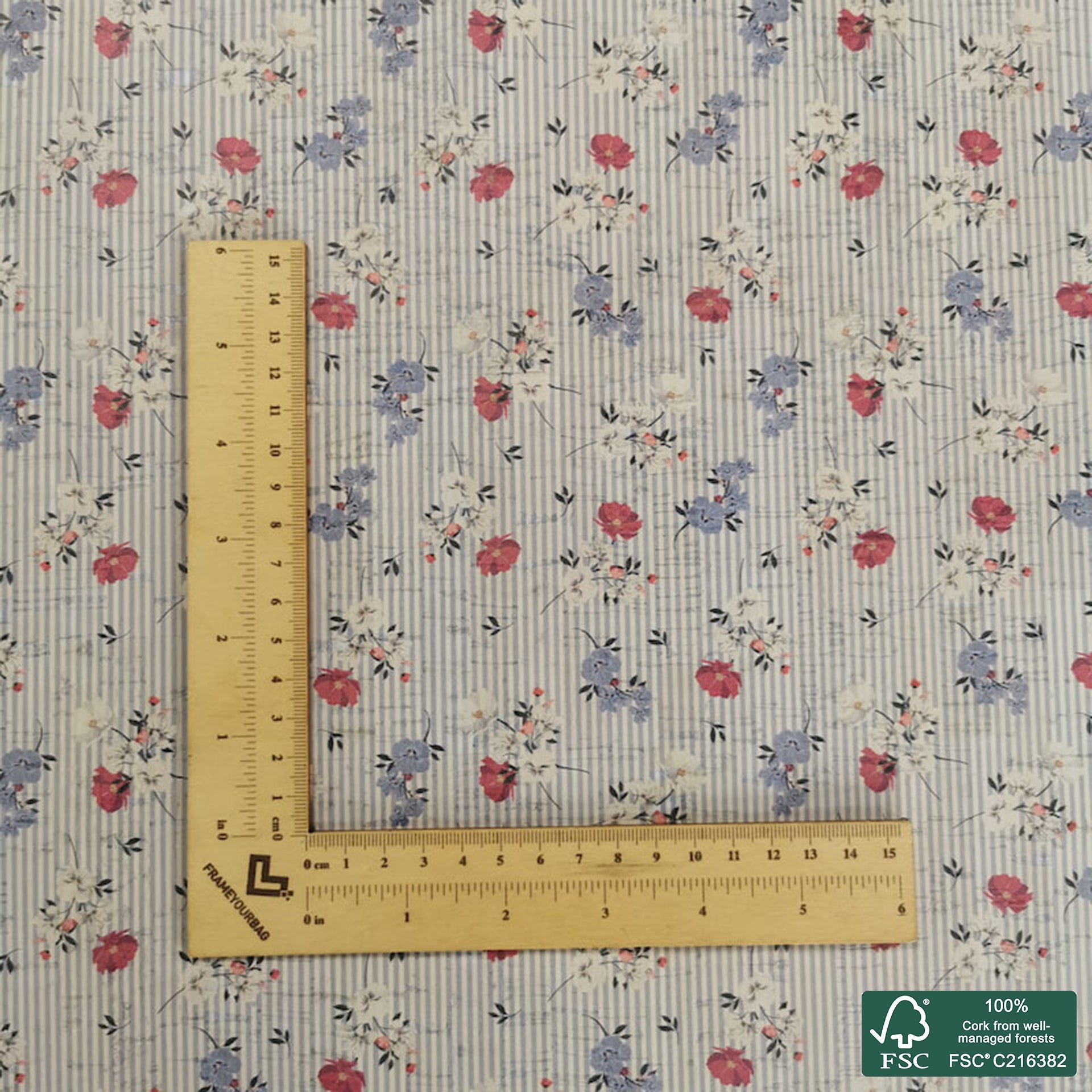Flowers printed pattern on white cork fabric (348)