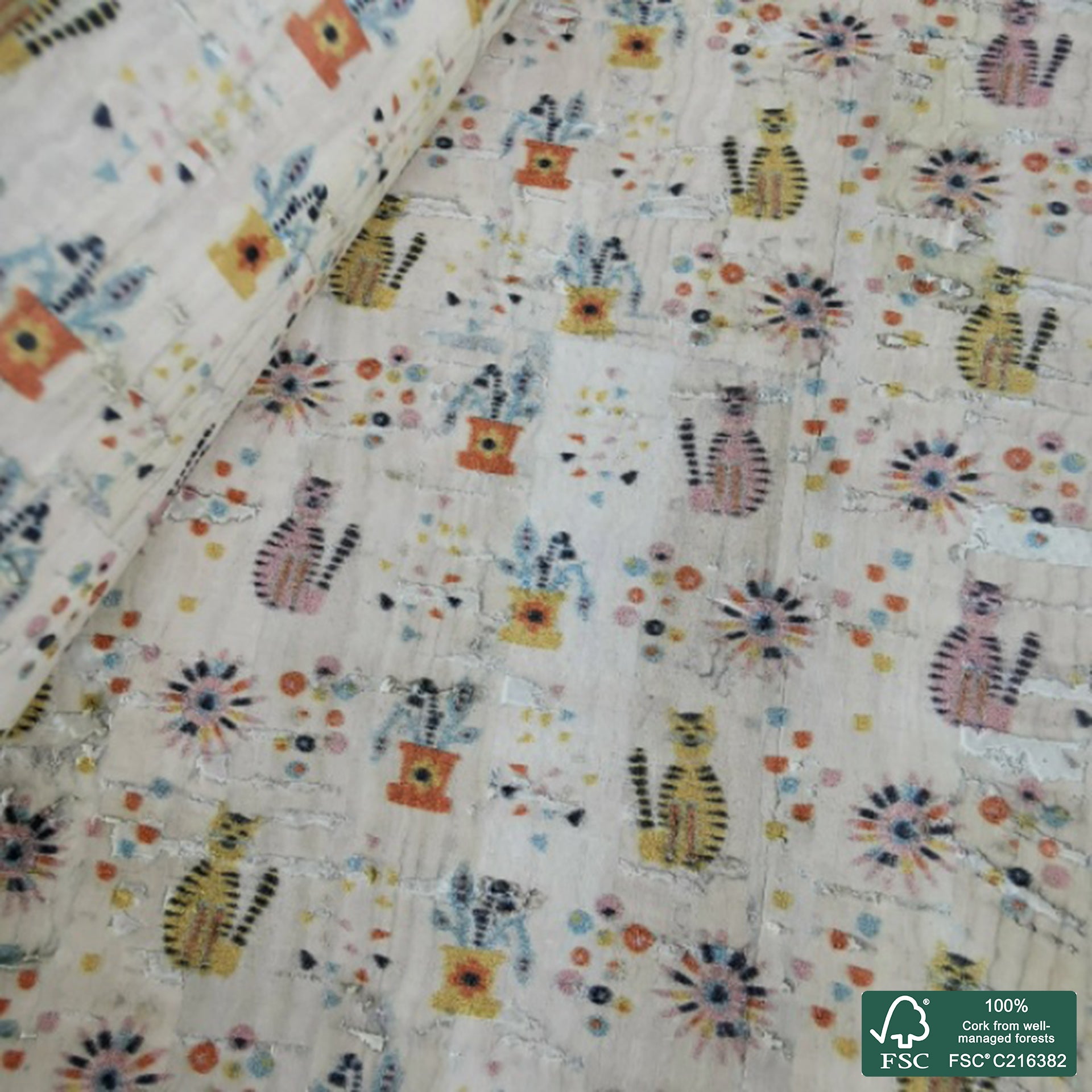 Cats printed pattern on white cork fabric (351)