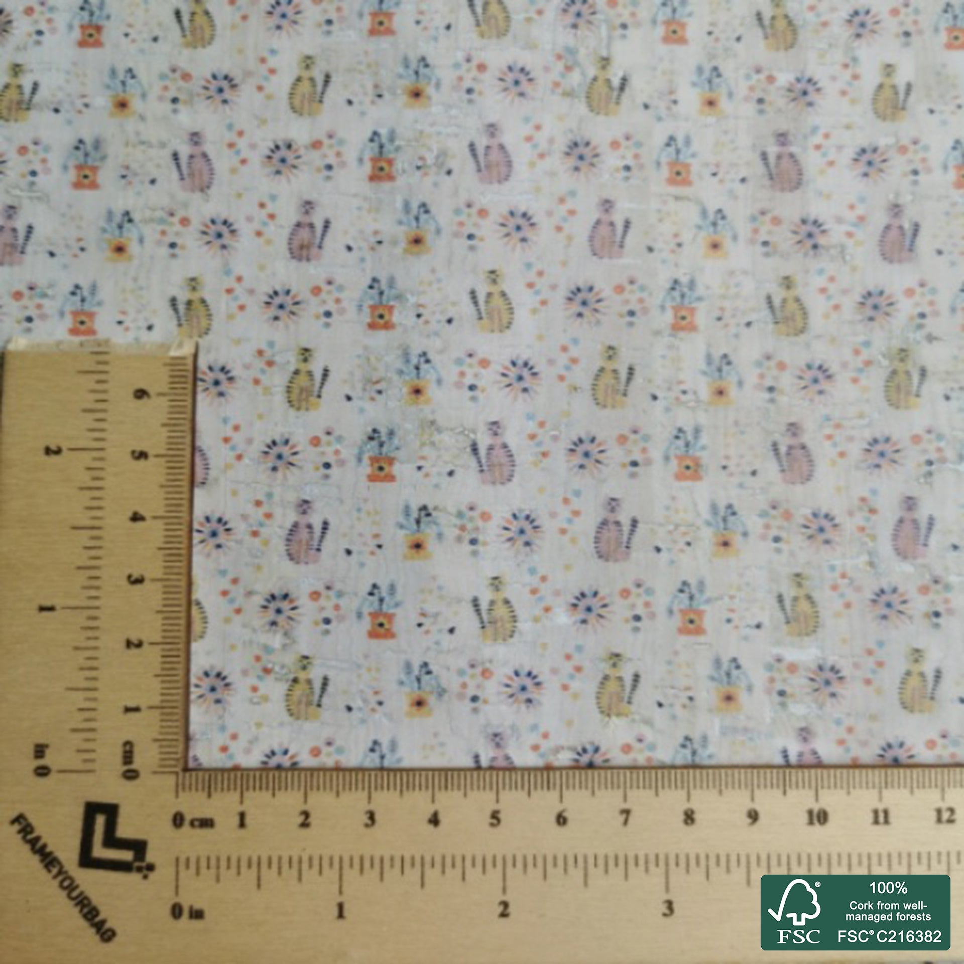 Cats printed pattern on white cork fabric (351)