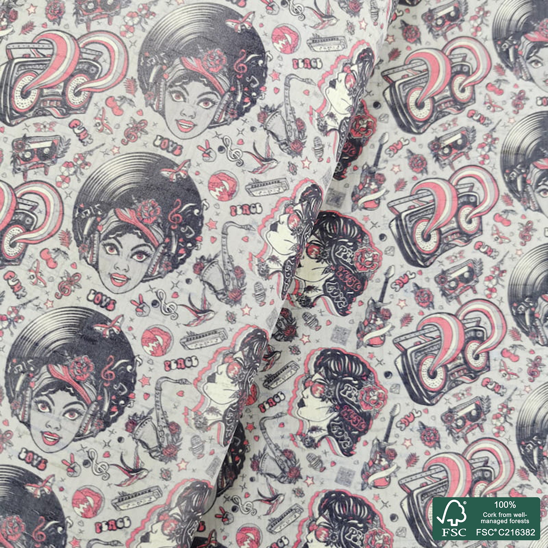Music printed pattern on white cork fabric (352)