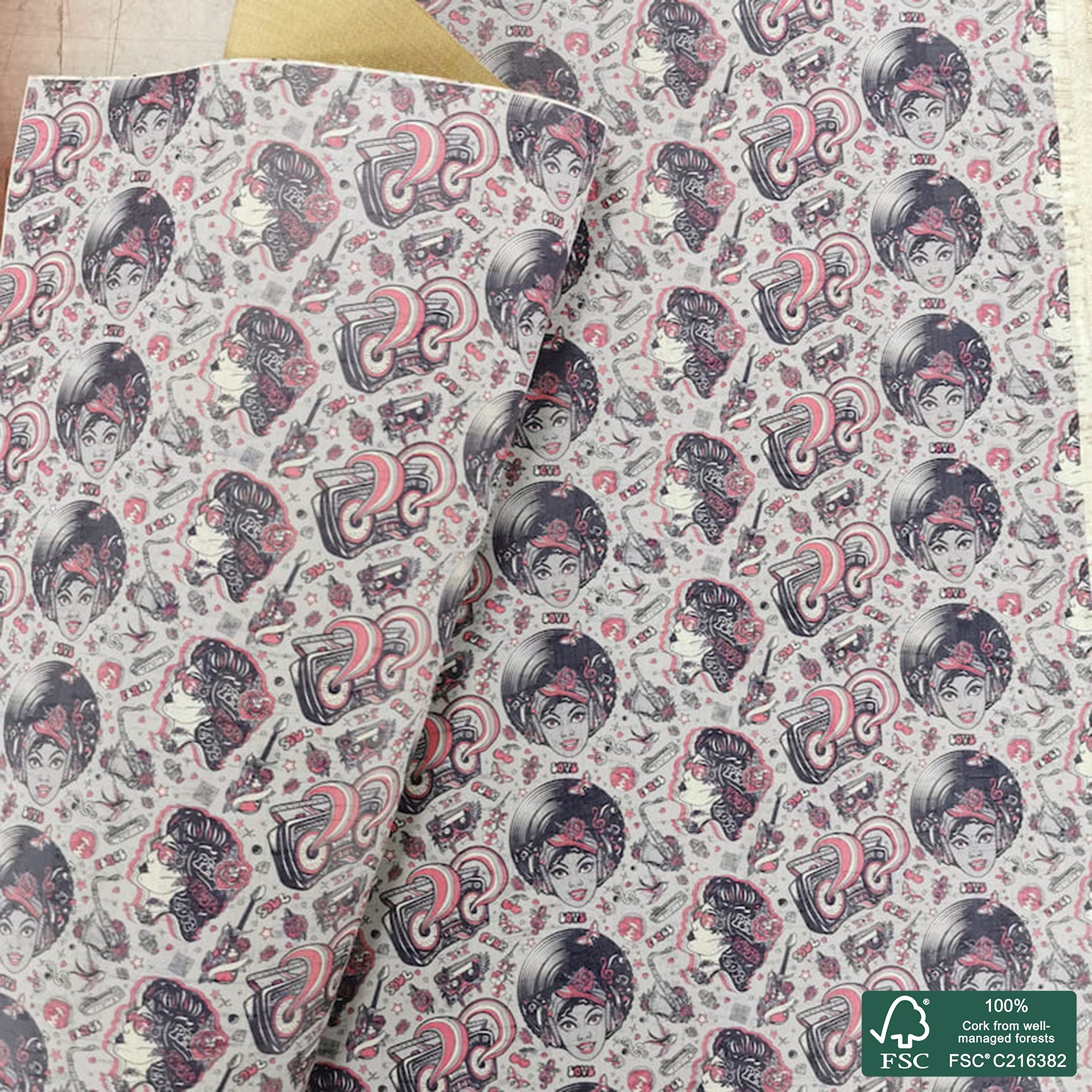 Music printed pattern on white cork fabric (352)