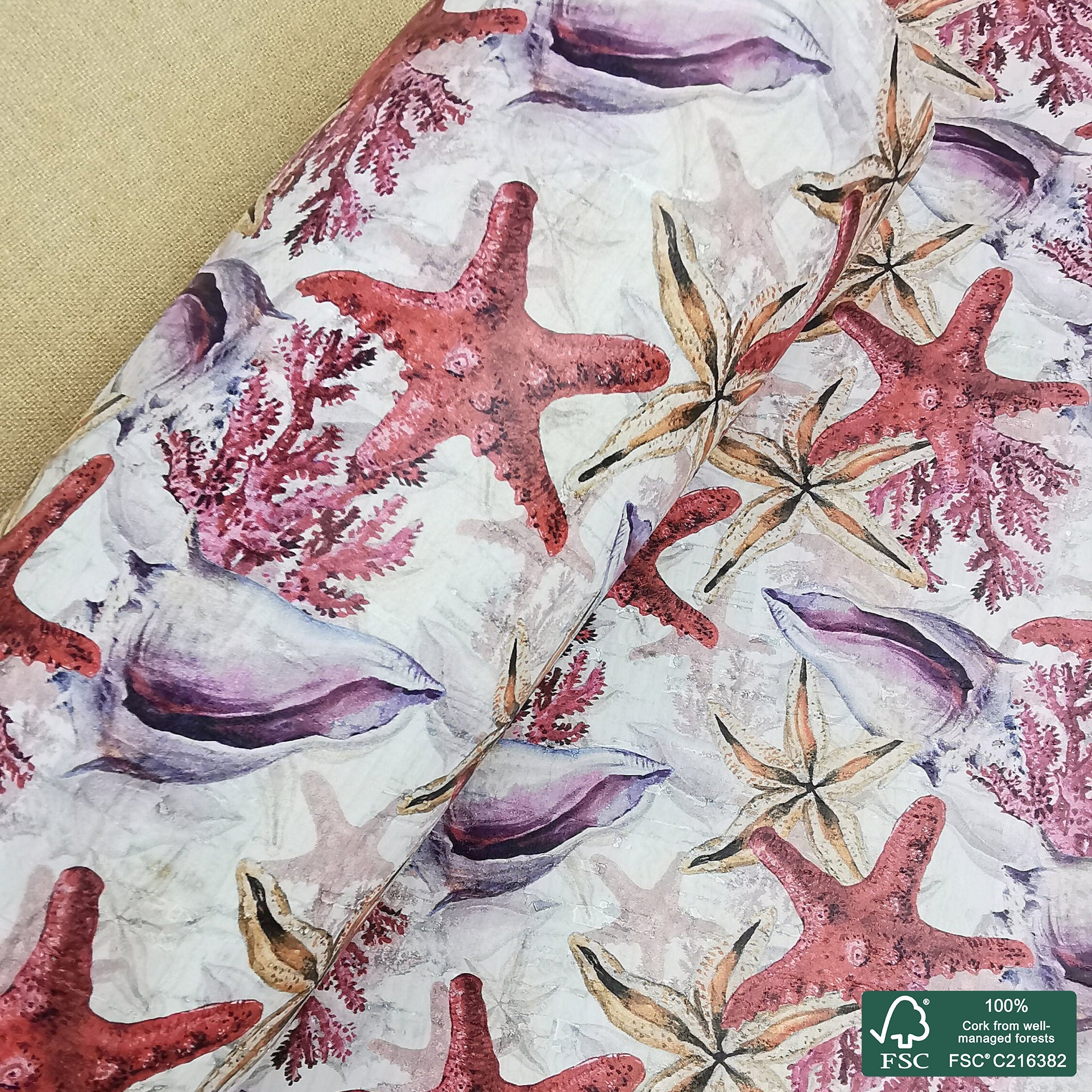 Starfish printed pattern on white cork fabric (354)