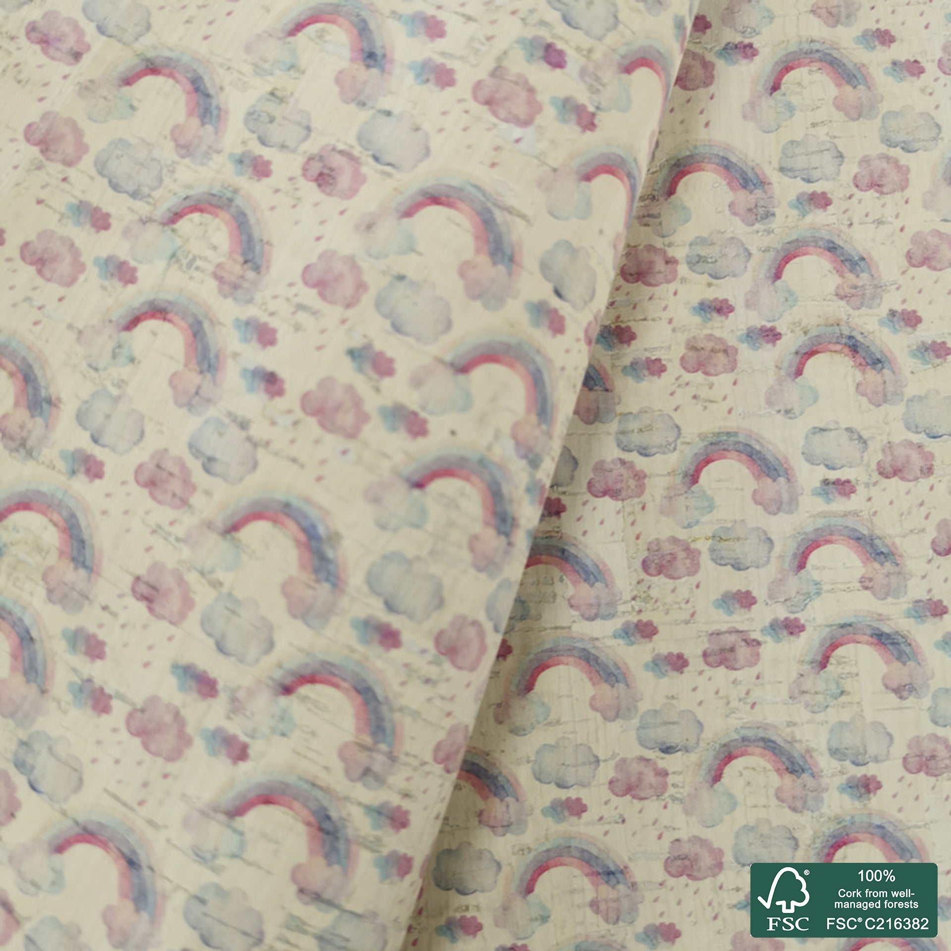 Rainbow printed pattern on white cork fabric (360)