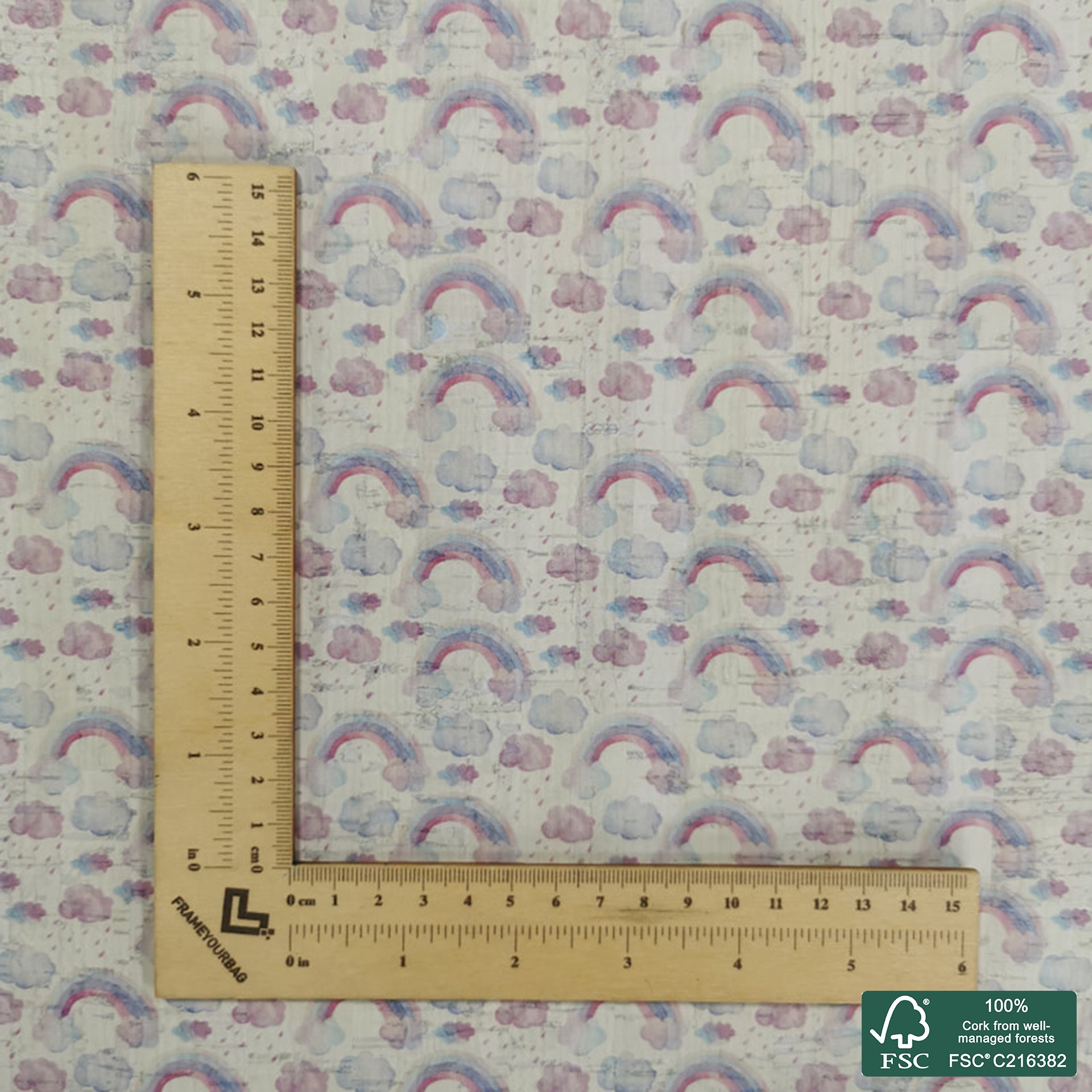 Rainbow printed pattern on white cork fabric (360)