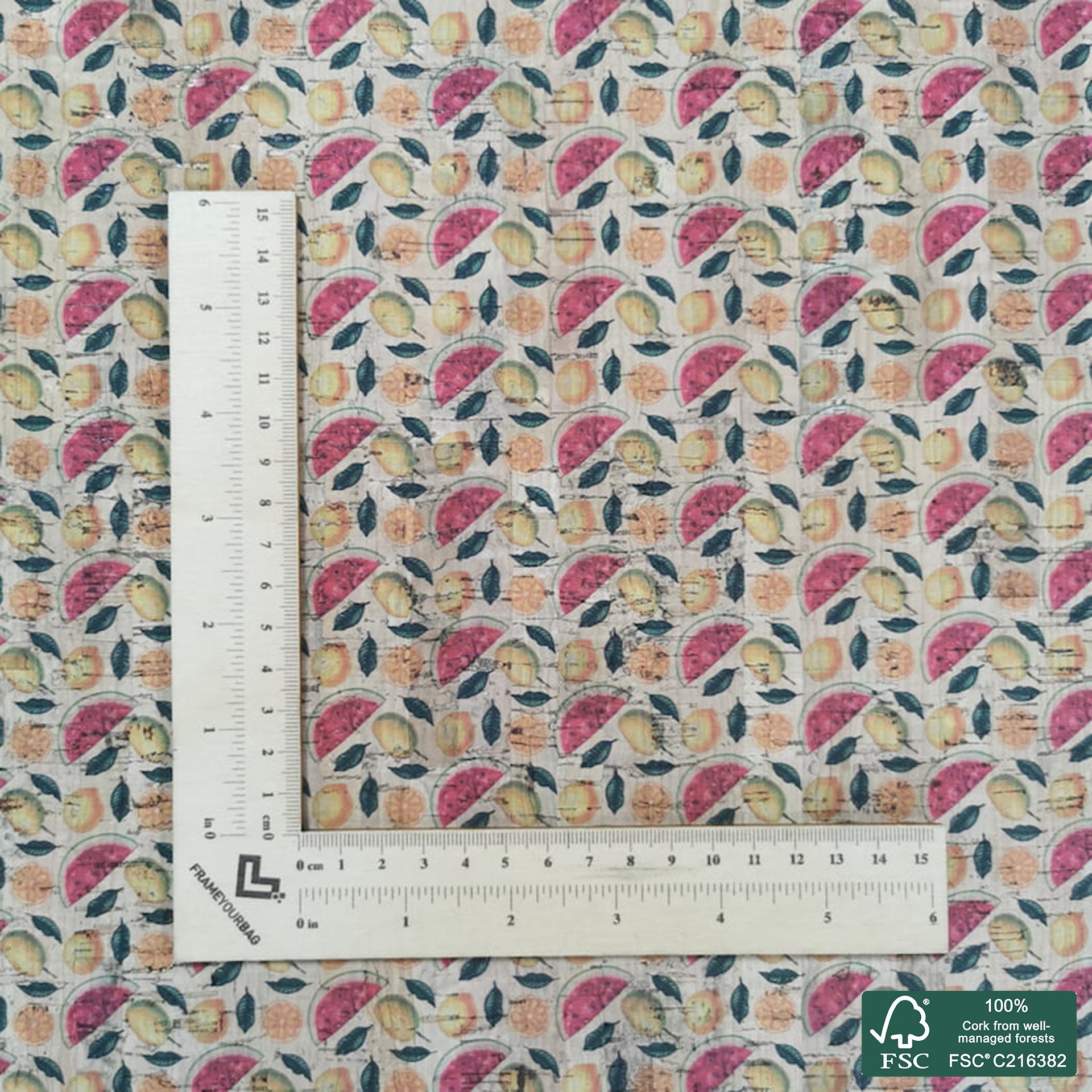 Fruits printed pattern on natural cork fabric (363)