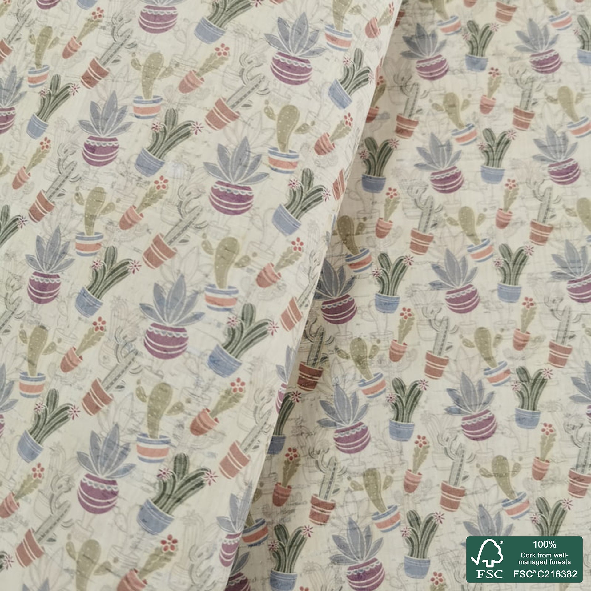 Cactus printed pattern on white cork fabric (364)
