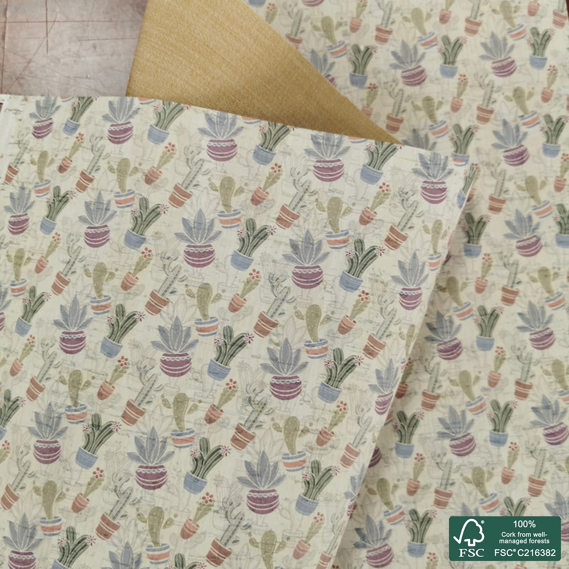 Cactus printed pattern on white cork fabric (364)