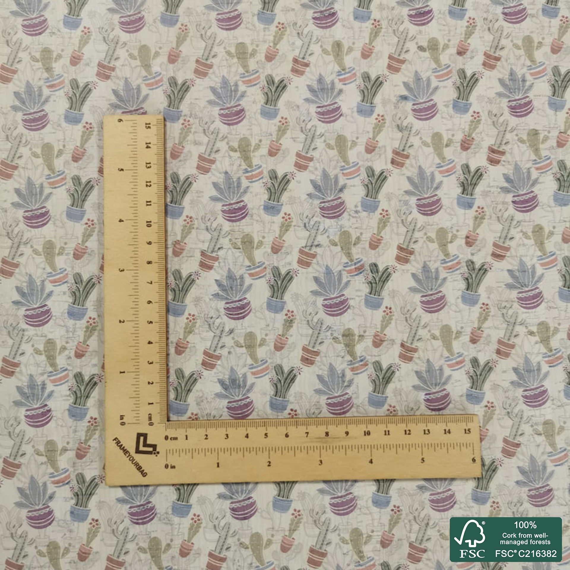 Cactus printed pattern on white cork fabric (364)