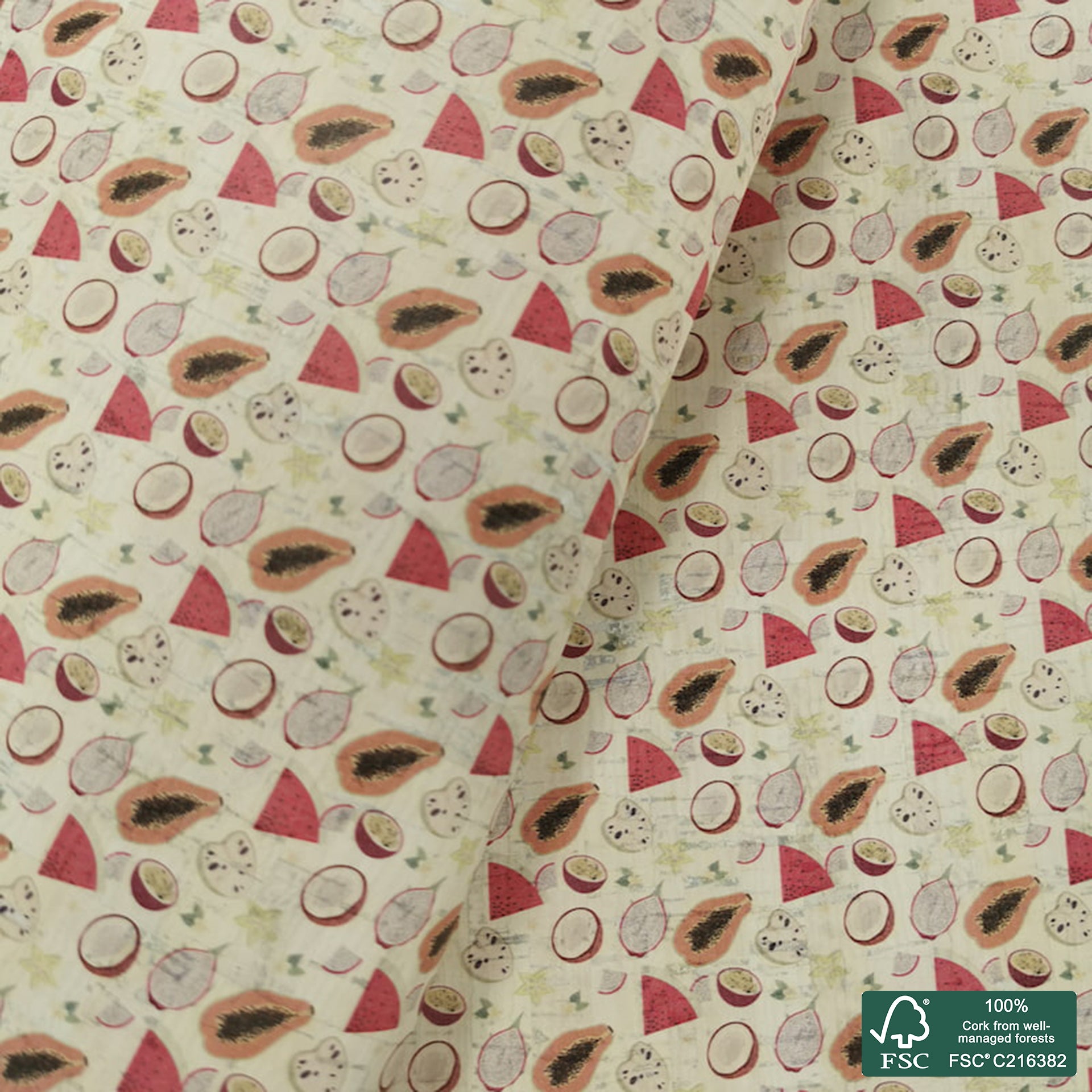 Fruits printed pattern on white cork fabric (365)