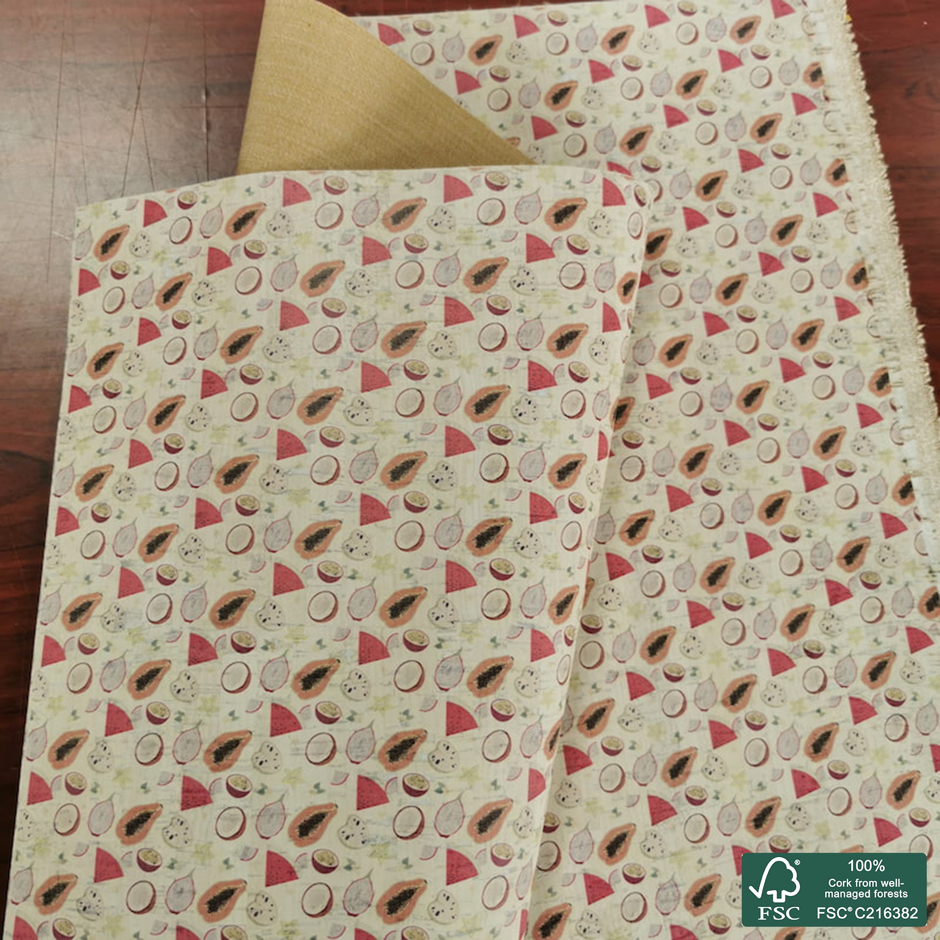 Fruits printed pattern on white cork fabric (365)